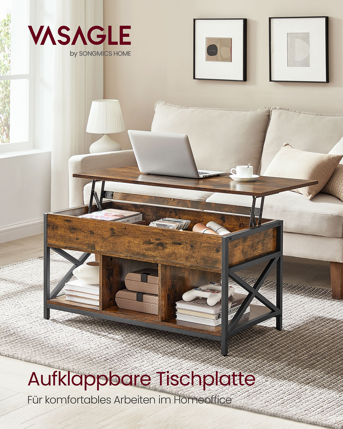 Height-adjustable coffee table with open compartments vintage brown-black - Image 2