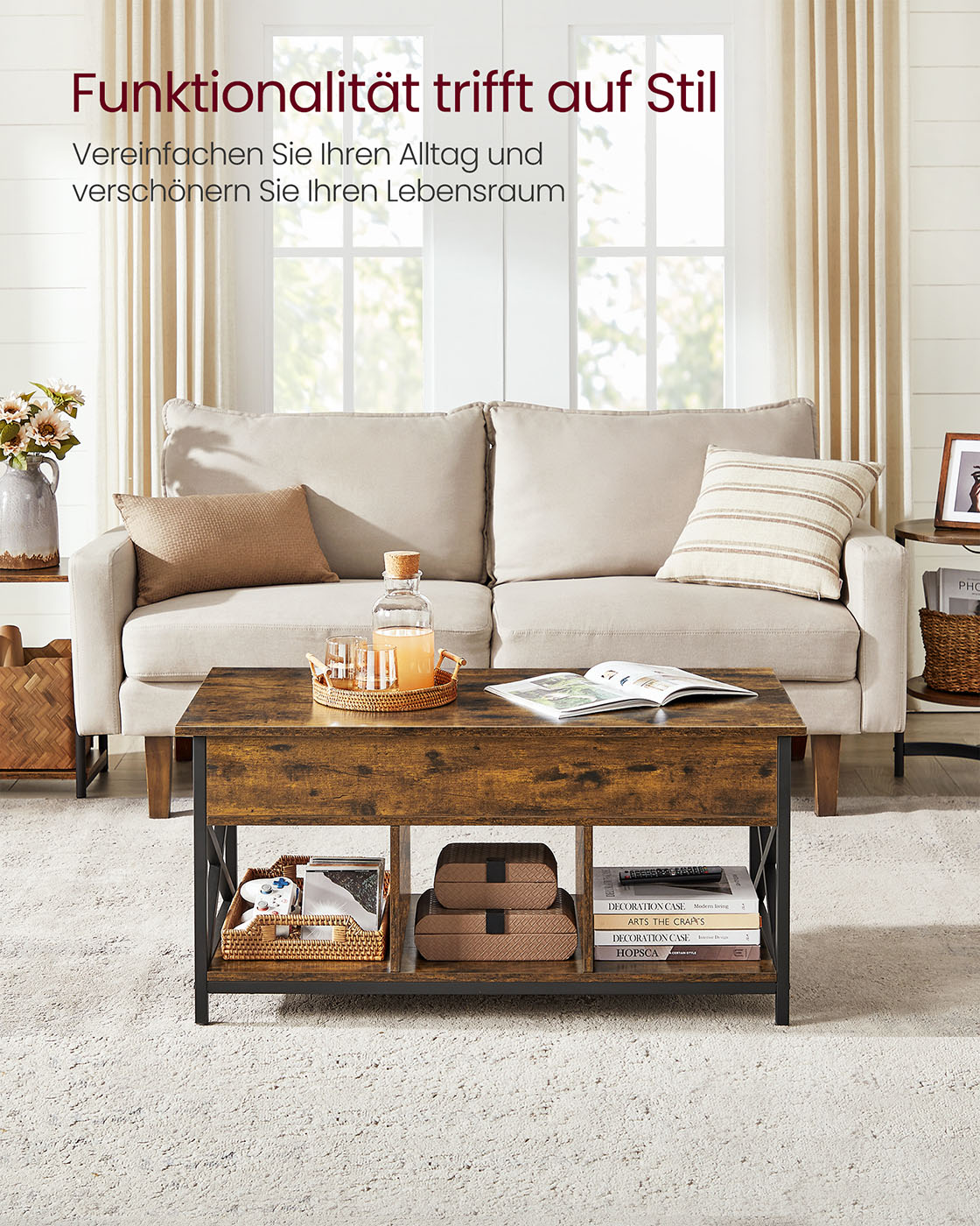 Height-adjustable coffee table with open compartments vintage brown-black - Image 3