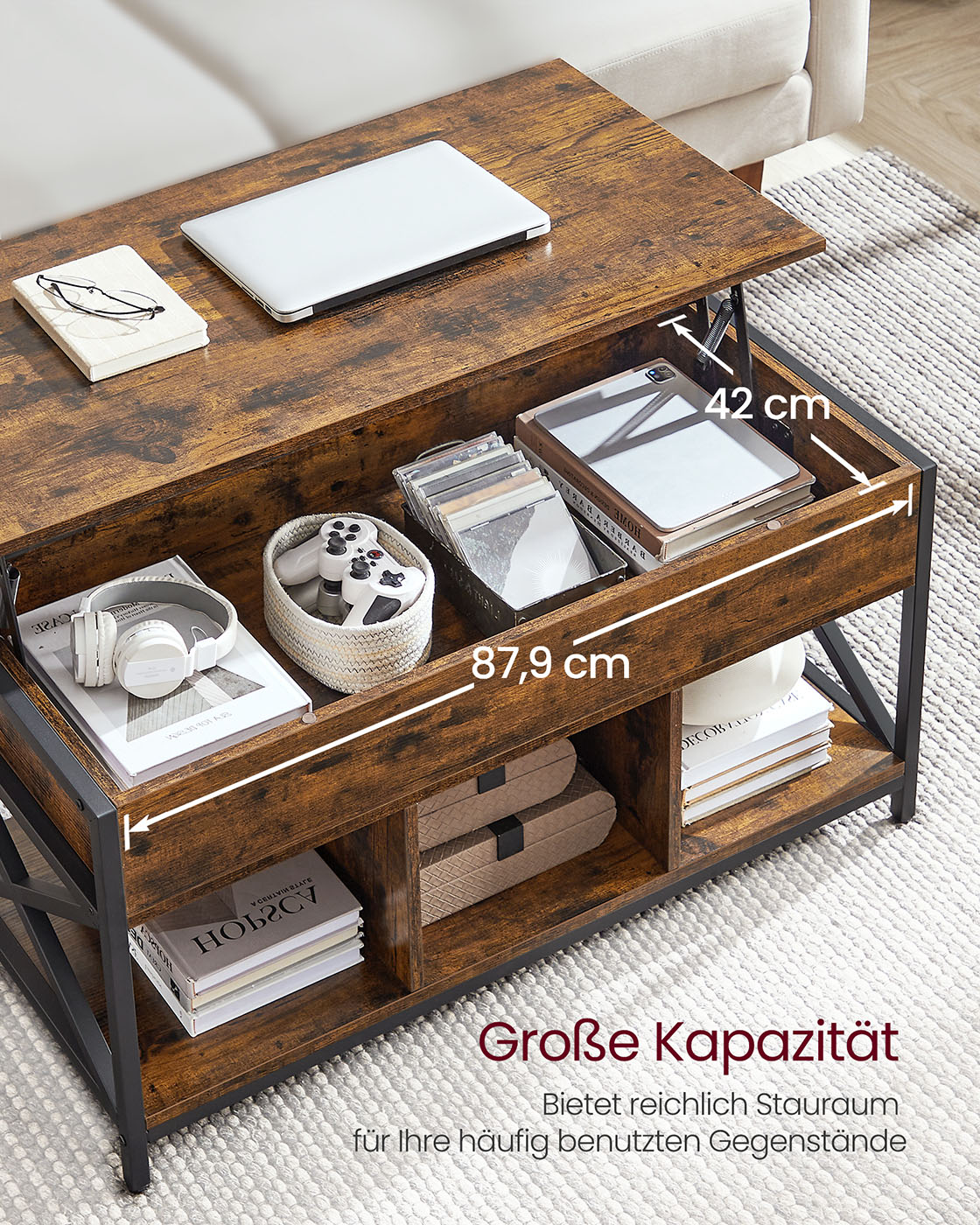 Height-adjustable coffee table with open compartments vintage brown-black - Image 4