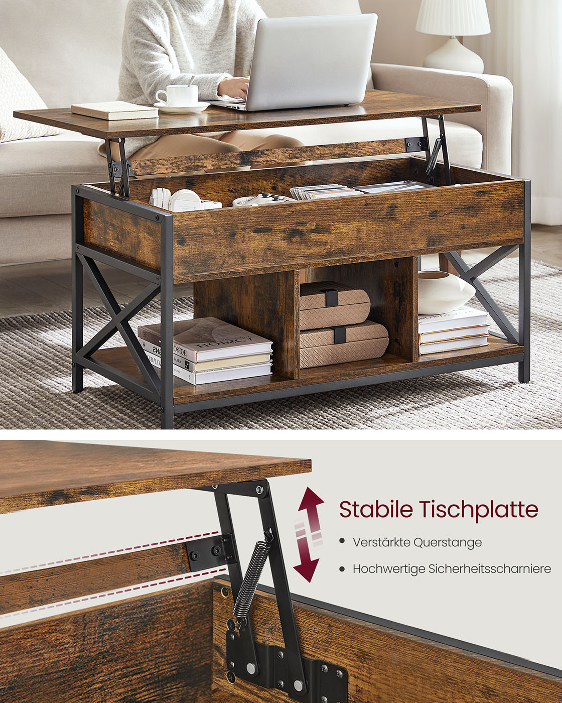 Height-adjustable coffee table with open compartments vintage brown-black - Image 5