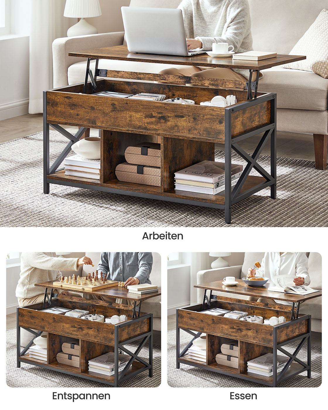 Height-adjustable coffee table with open compartments vintage brown-black - Image 6