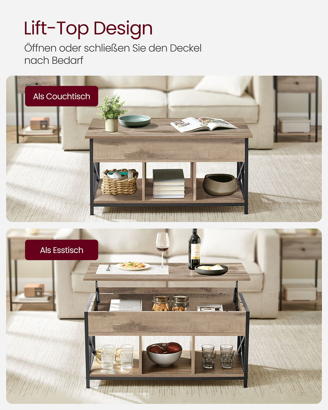 Sofabord 50 x 100 x (46,5-62) cm kamelbrun-sort - Billede 3