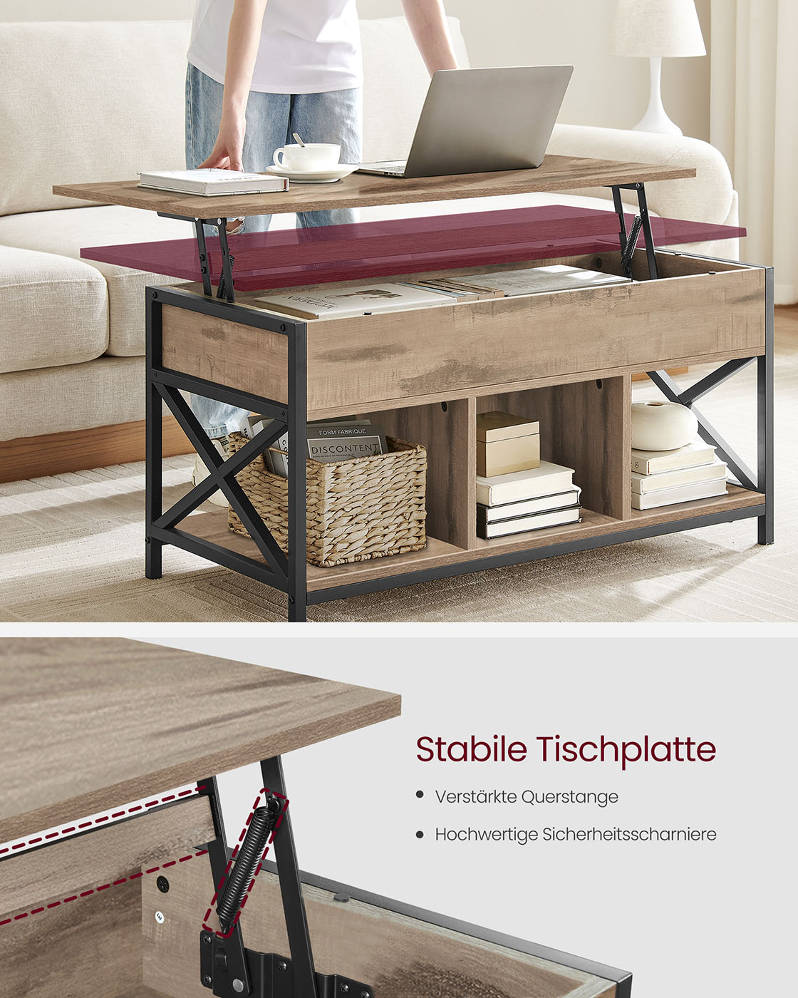 Sofabord 50 x 100 x (46,5-62) cm kamelbrun-sort - Billede 4