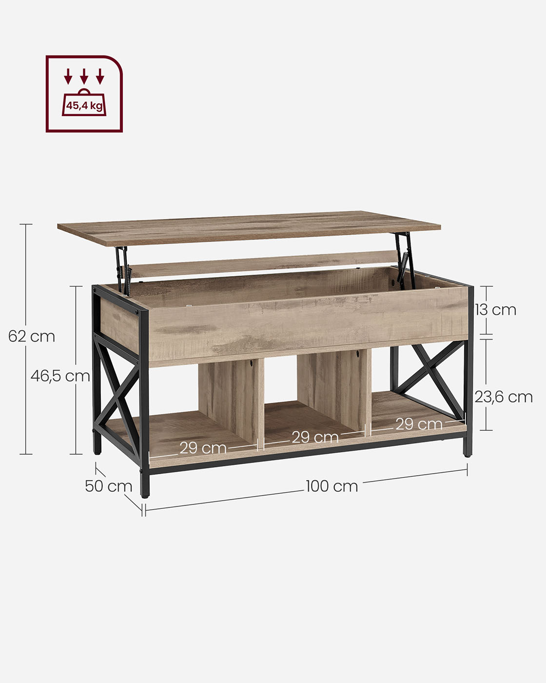 Sofabord 50 x 100 x (46,5-62) cm kamelbrun-sort - Billede 6