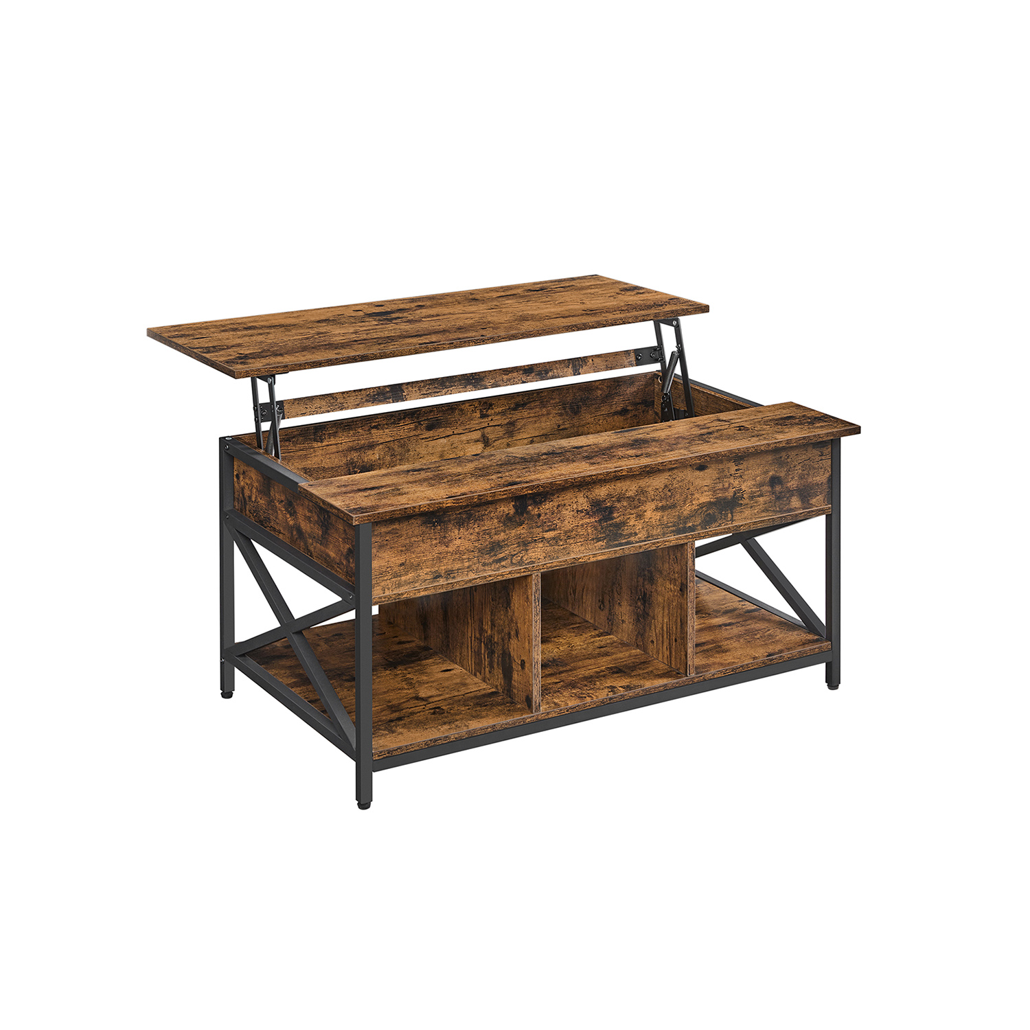 Sofabord, Lift-Top Table Sofabord til stuen, Sofabord med åben og skjult opbevaring, X-formede stænger, 60 x 100 x (48-62) cm, Rustik brun og sort LCT