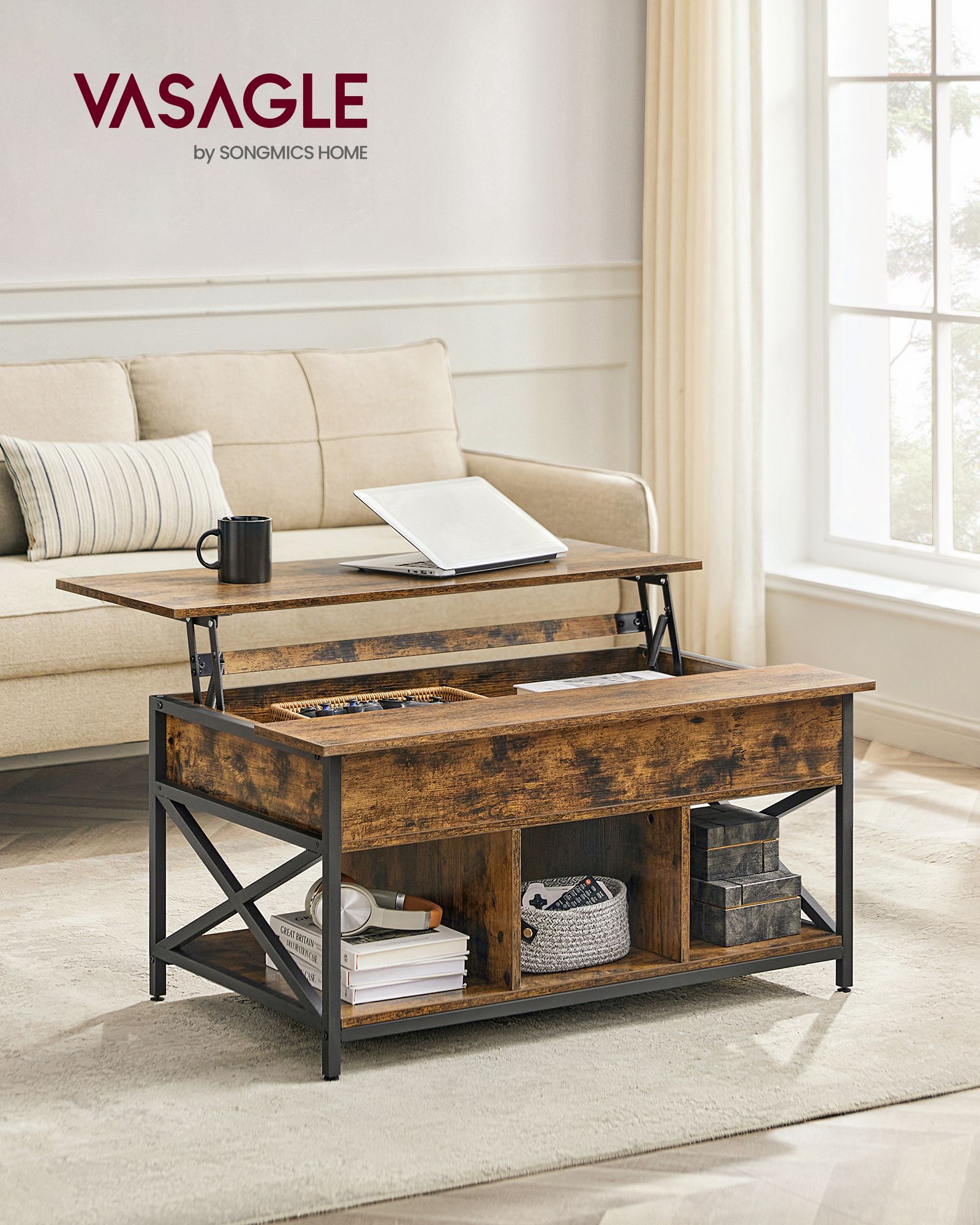Sofabord, Lift-Top Table Sofabord til stuen, Sofabord med åben og skjult opbevaring, X-formede stænger, 60 x 100 x (48-62) cm, Rustik brun og sort LCT205B01 - Billede 2