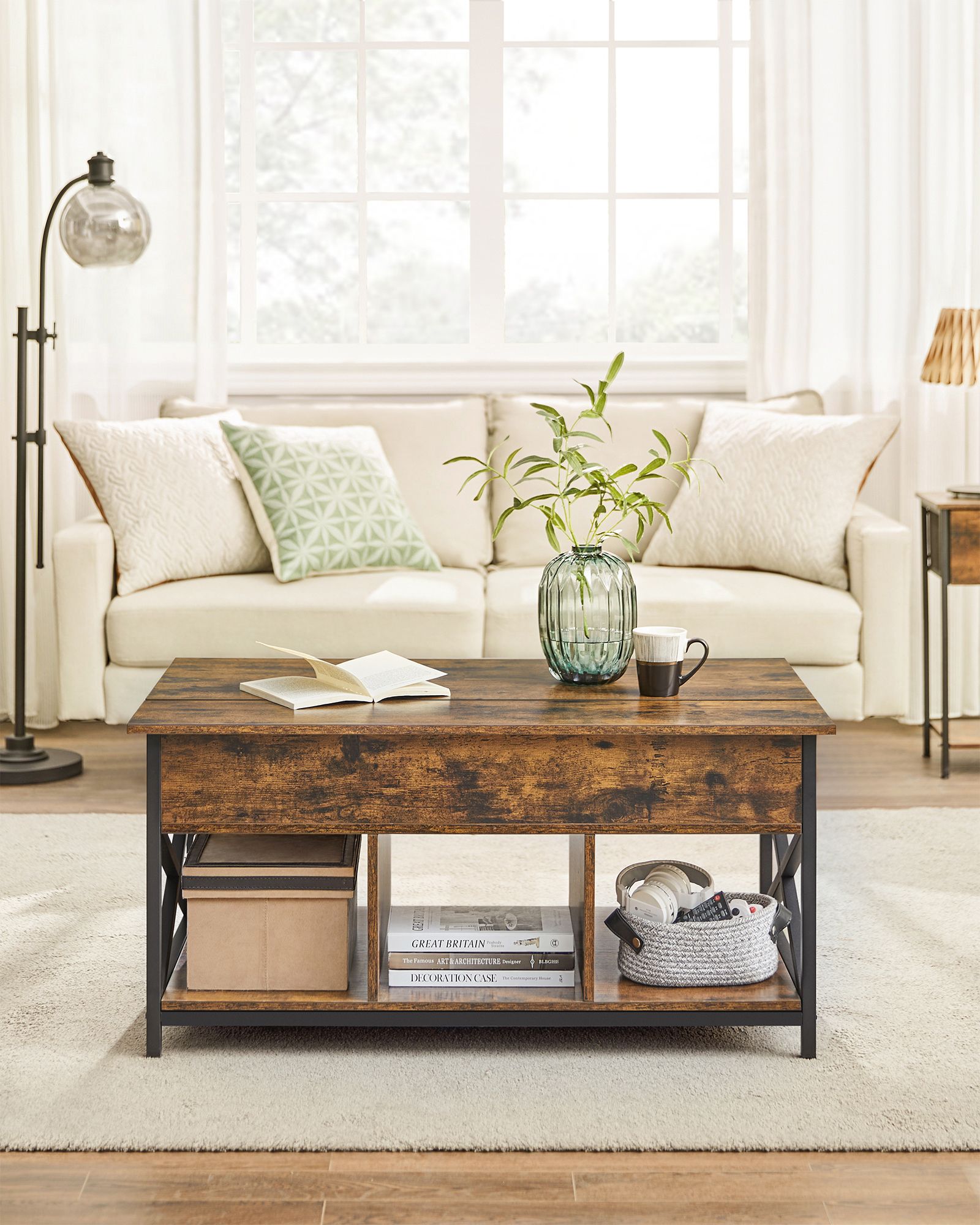 Sofabord, Lift-Top Table Sofabord til stuen, Sofabord med åben og skjult opbevaring, X-formede stænger, 60 x 100 x (48-62) cm, Rustik brun og sort LCT205B01 - Billede 3