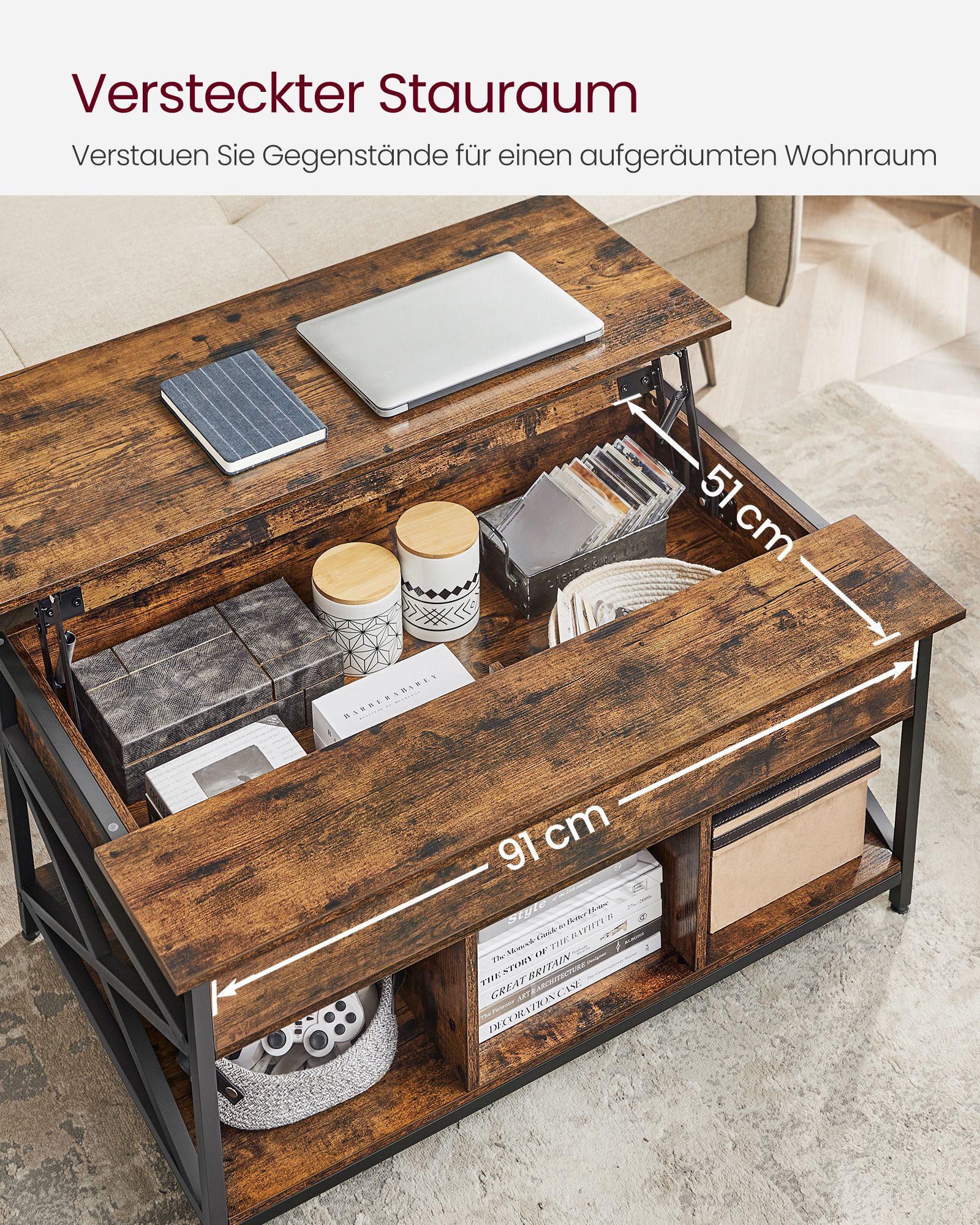 Sofabord, Lift-Top Table Sofabord til stuen, Sofabord med åben og skjult opbevaring, X-formede stænger, 60 x 100 x (48-62) cm, Rustik brun og sort LCT205B01 - Billede 4