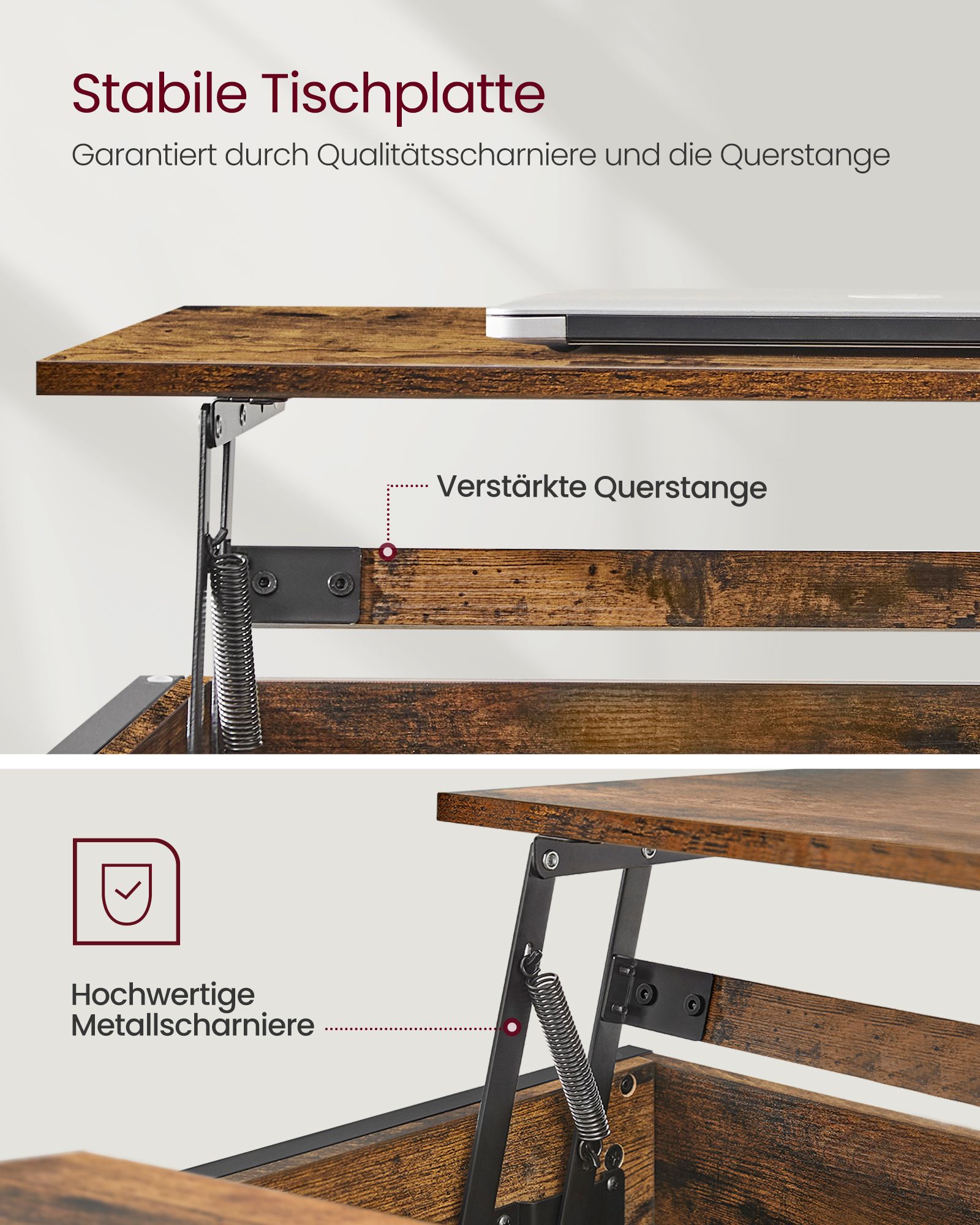 Sofabord, Lift-Top Table Sofabord til stuen, Sofabord med åben og skjult opbevaring, X-formede stænger, 60 x 100 x (48-62) cm, Rustik brun og sort LCT205B01 - Billede 5