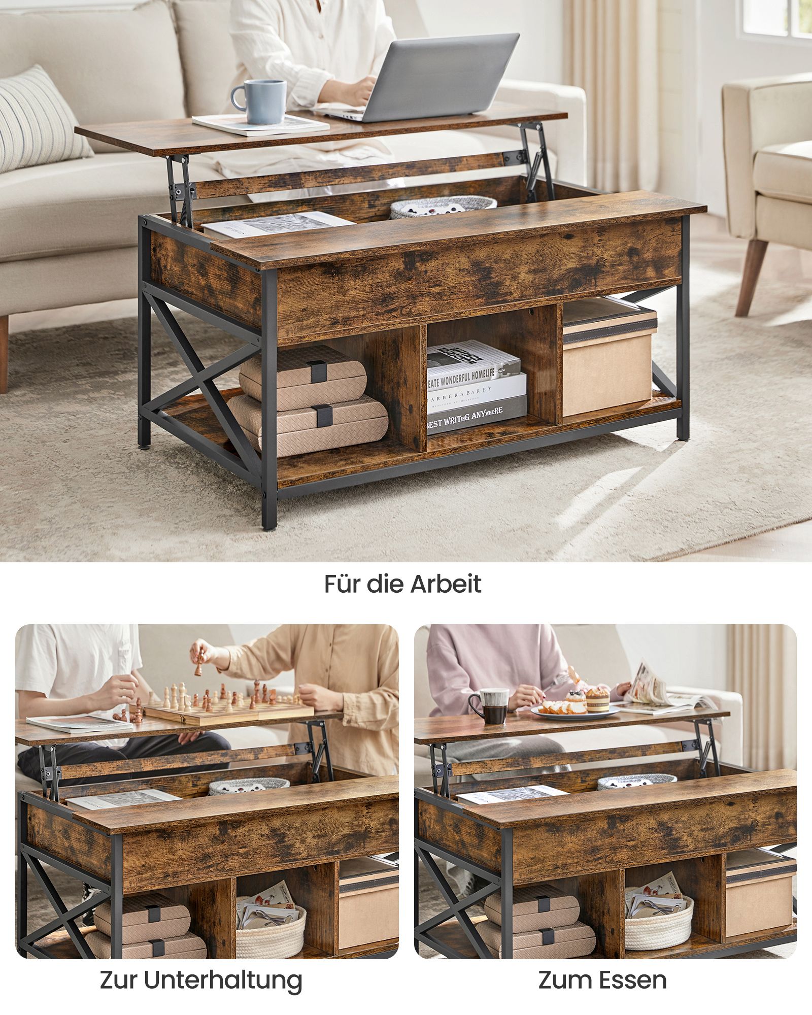 Sofabord, Lift-Top Table Sofabord til stuen, Sofabord med åben og skjult opbevaring, X-formede stænger, 60 x 100 x (48-62) cm, Rustik brun og sort LCT205B01 - Billede 6