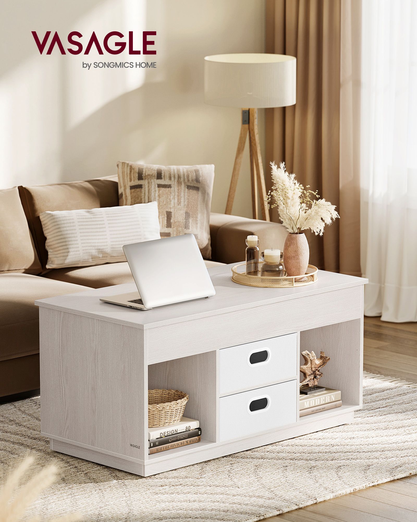 Sohvapöytä, Lift Top Coffee Table, jossa on 2 laatikkoa ja piilotetut lokerot, Keskuspöytä, jossa on nostopöytä, avoimet lokerot, olohuoneeseen, kotitoimistoon, kaurankeltainen beige LCT210K01 - Image 2