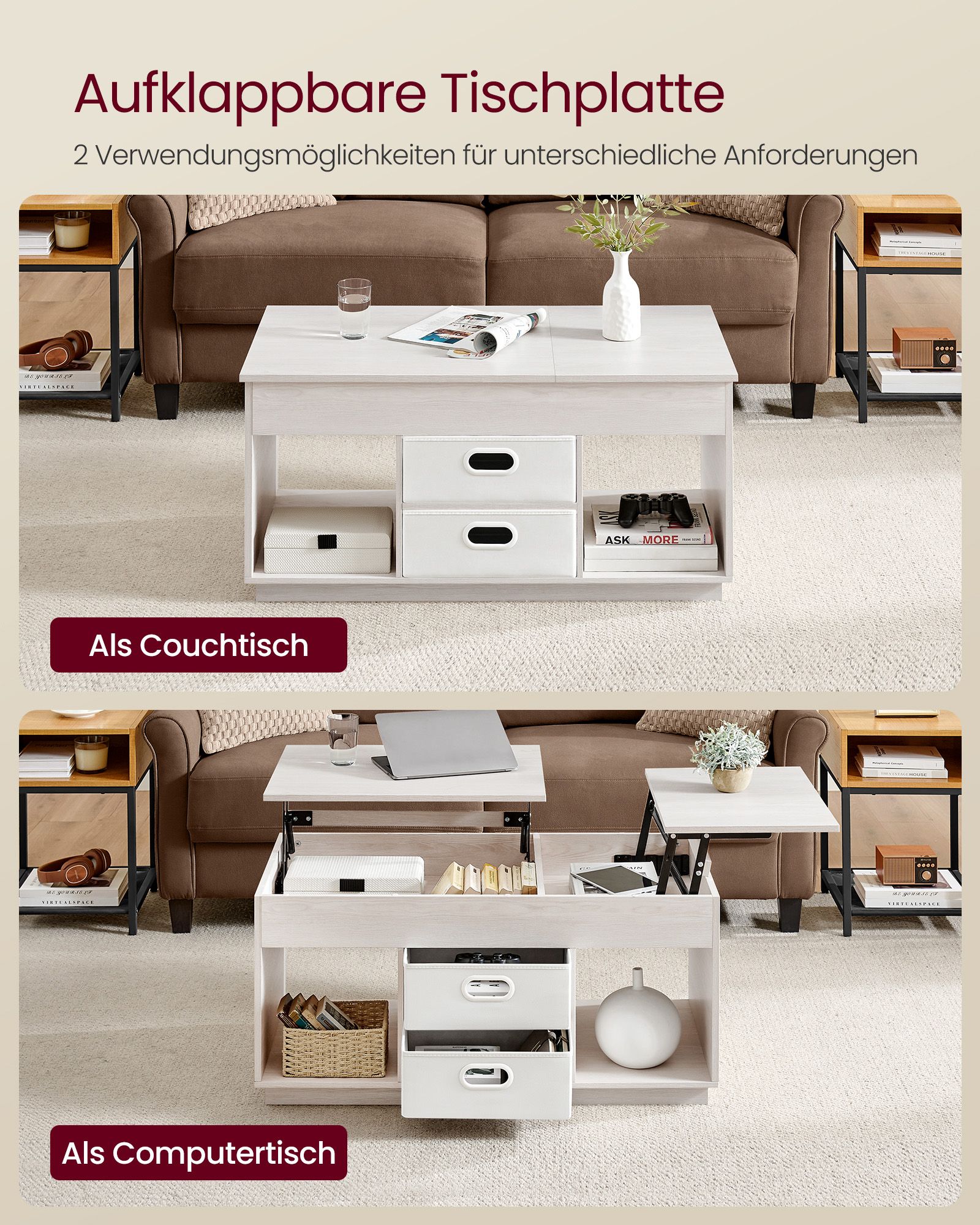 Sohvapöytä, Lift Top Coffee Table, jossa on 2 laatikkoa ja piilotetut lokerot, Keskuspöytä, jossa on nostopöytä, avoimet lokerot, olohuoneeseen, kotitoimistoon, kaurankeltainen beige LCT210K01 - Image 3