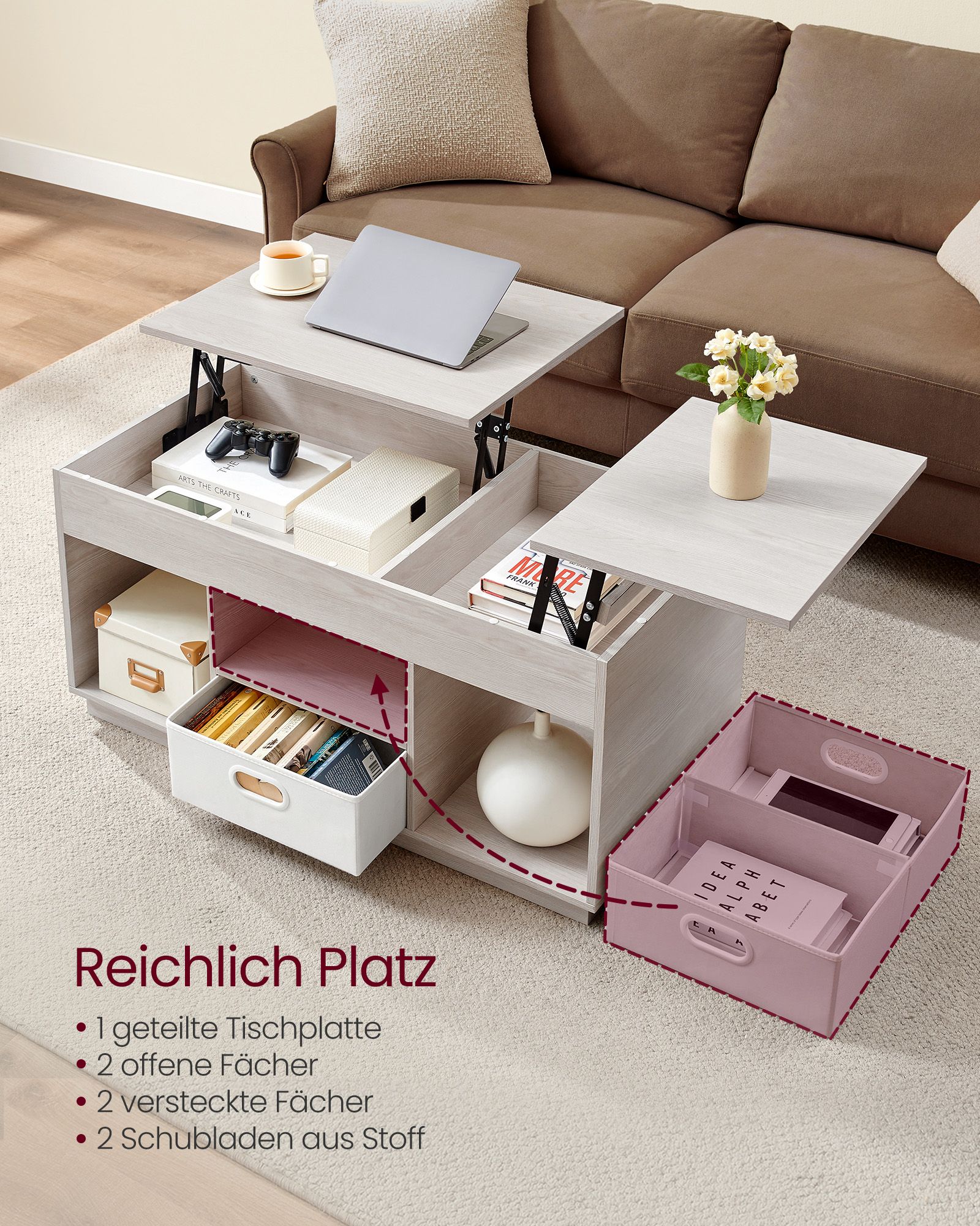Sohvapöytä, Lift Top Coffee Table, jossa on 2 laatikkoa ja piilotetut lokerot, Keskuspöytä, jossa on nostopöytä, avoimet lokerot, olohuoneeseen, kotitoimistoon, kaurankeltainen beige LCT210K01 - Image 4