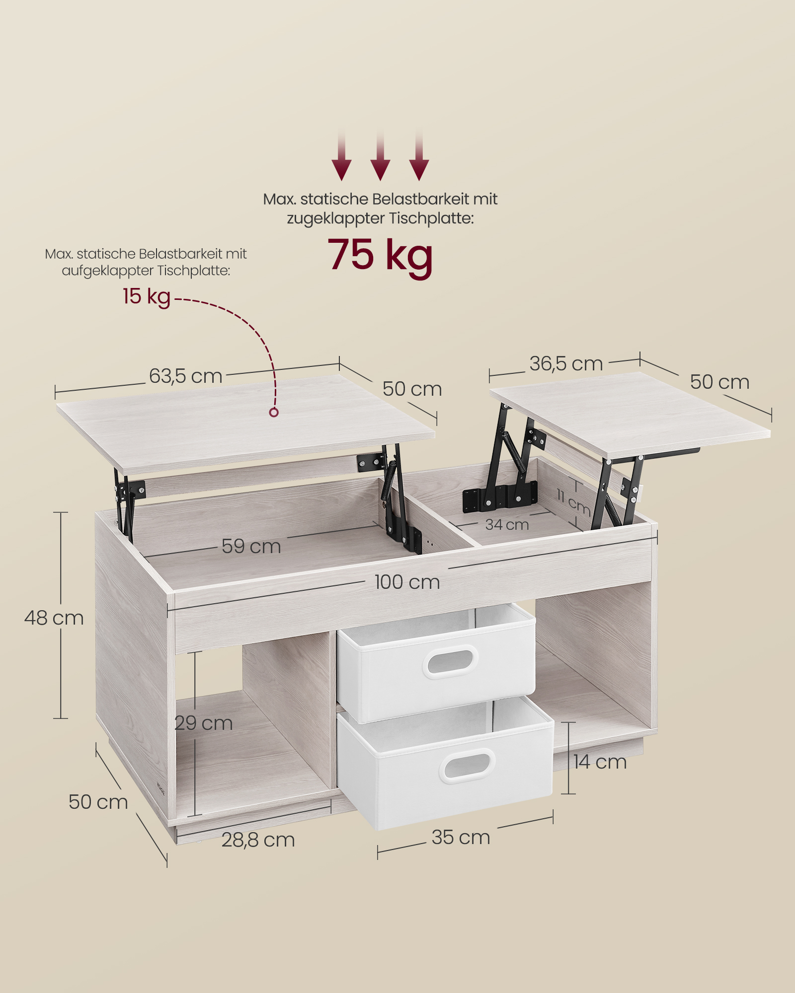 Sohvapöytä, Lift Top Coffee Table, jossa on 2 laatikkoa ja piilotetut lokerot, Keskuspöytä, jossa on nostopöytä, avoimet lokerot, olohuoneeseen, kotitoimistoon, kaurankeltainen beige LCT210K01 - Image 6