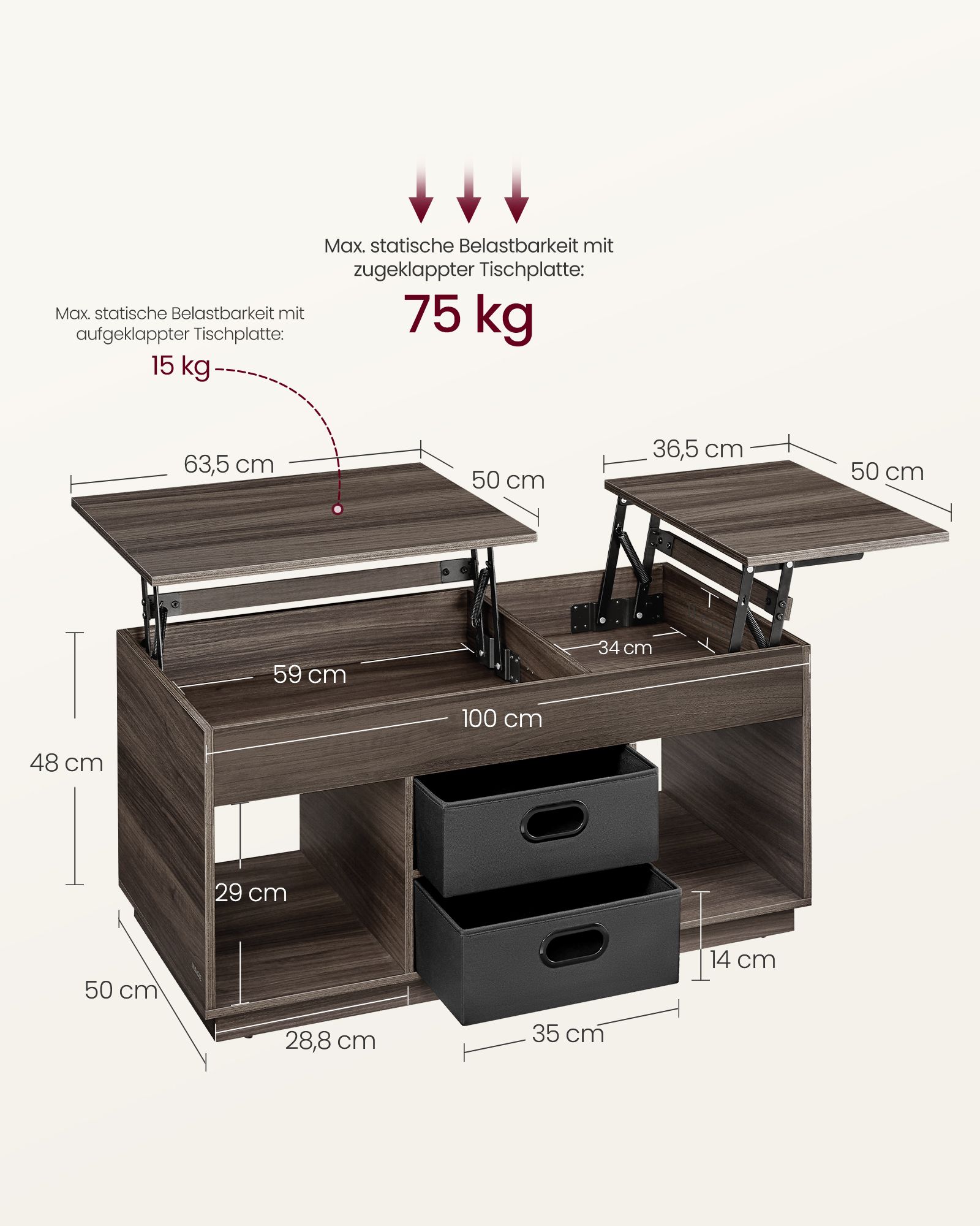Sohvapöytä Korkeussäädettävä olohuoneen pöytä 2 laatikkoa ja piilotetut lokerot Sohvapöytä Avoimet lokerot olohuoneeseen Kotitoimisto Ash Brown LCT210K02 - Image 6