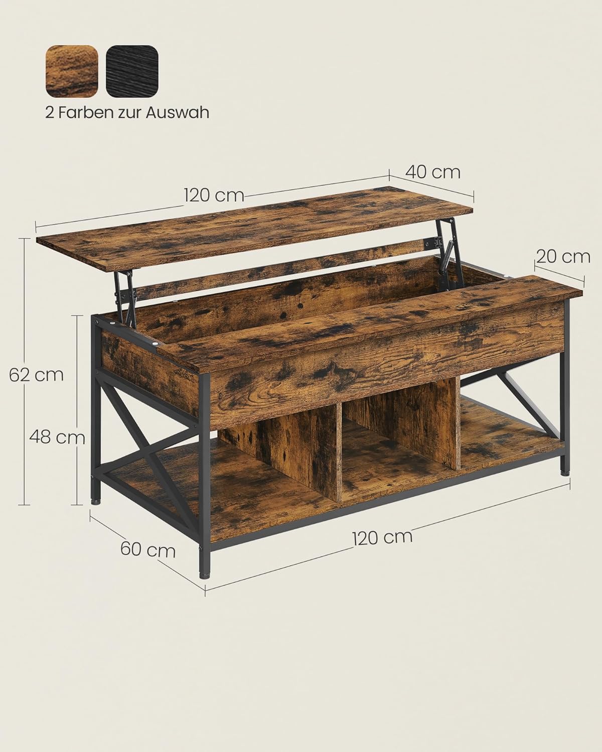 Sofabord, højdejusterbart stuebord, sofabord, åben og skjult opbevaringsplads, X-Struts, 60 x 120 x (48-62) cm, Vintage Brown/Black - Billede 3