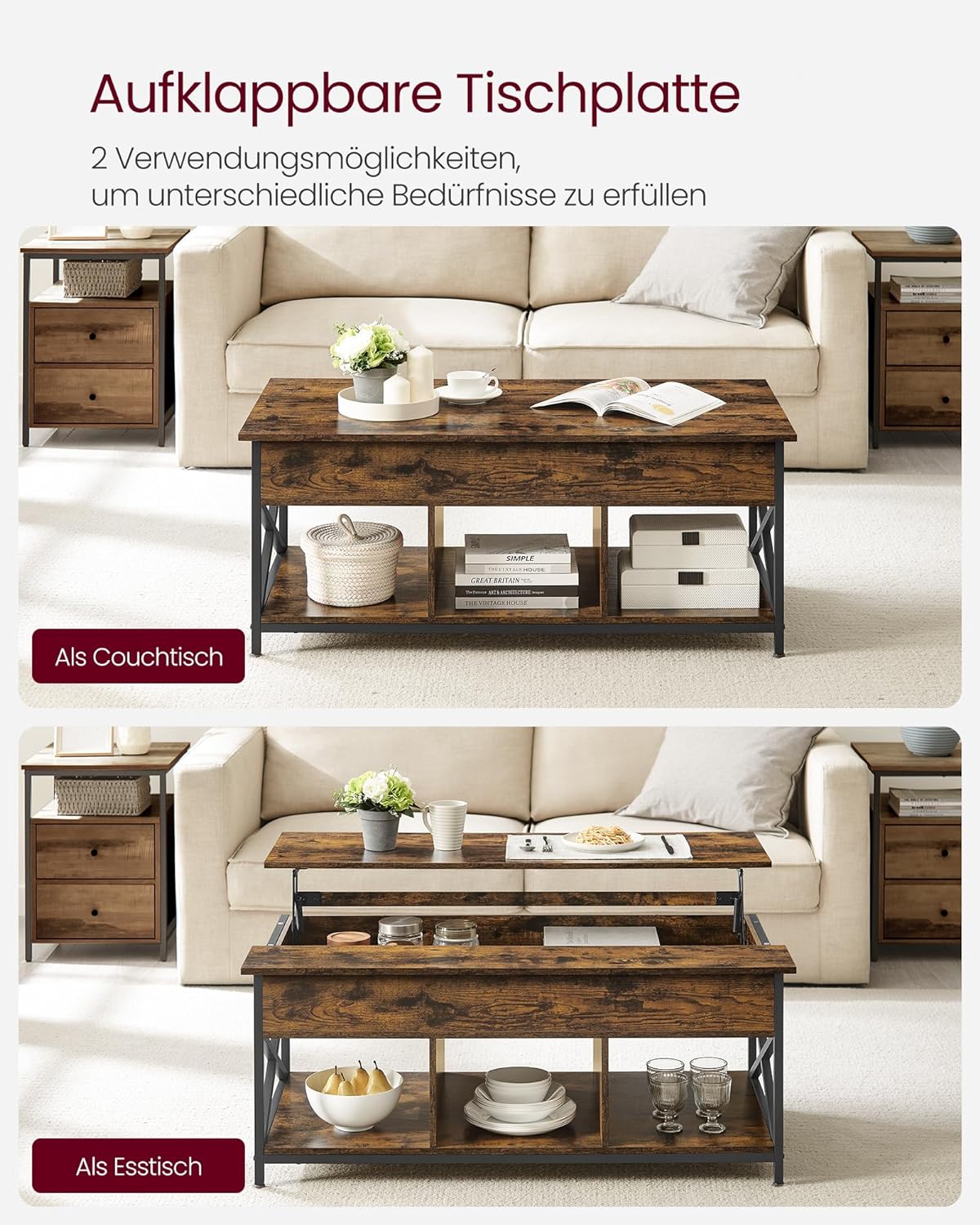 Sofabord, højdejusterbart stuebord, sofabord, åben og skjult opbevaringsplads, X-Struts, 60 x 120 x (48-62) cm, Vintage Brown/Black - Billede 4