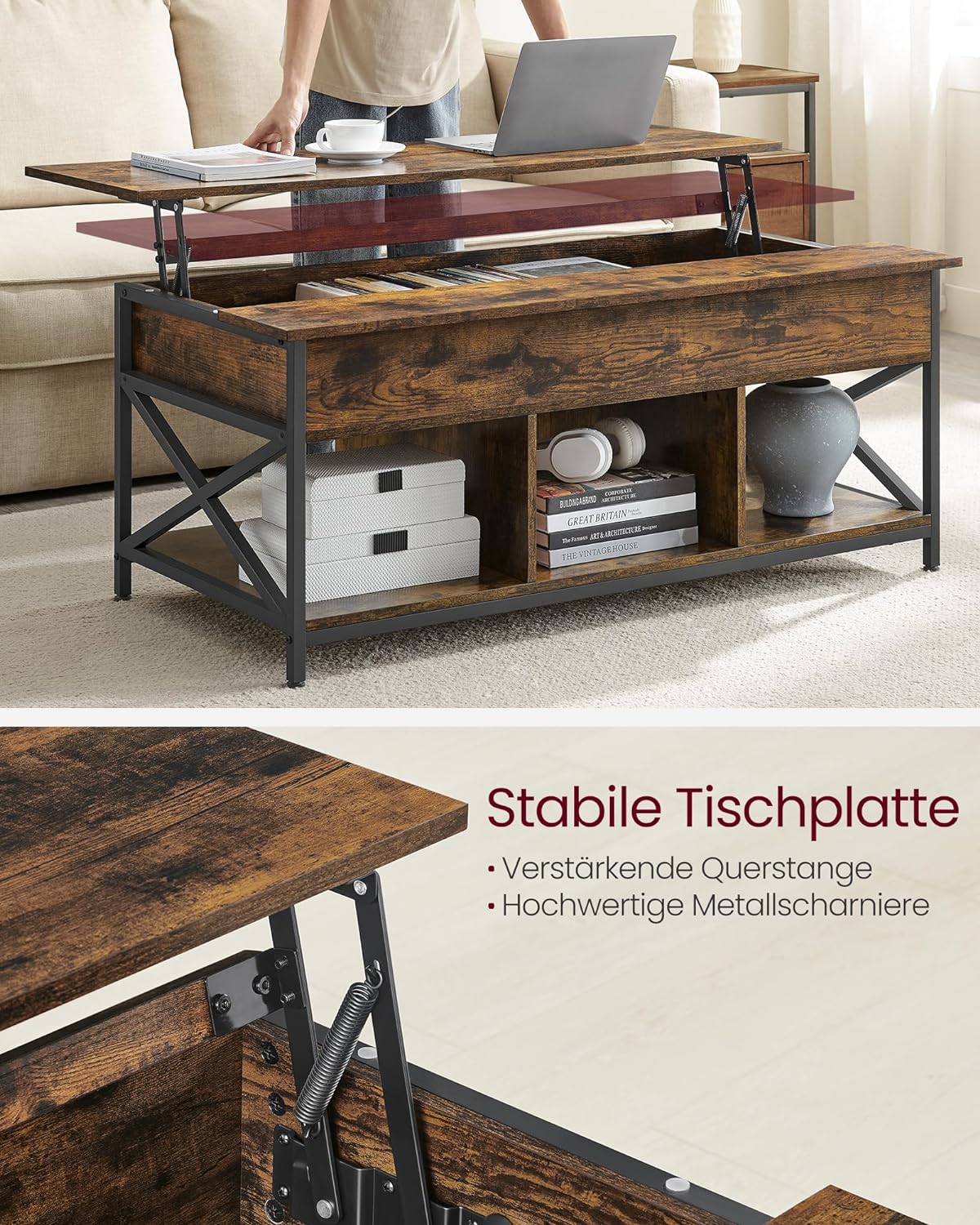 Sofabord, højdejusterbart stuebord, sofabord, åben og skjult opbevaringsplads, X-Struts, 60 x 120 x (48-62) cm, Vintage Brown/Black - Billede 5