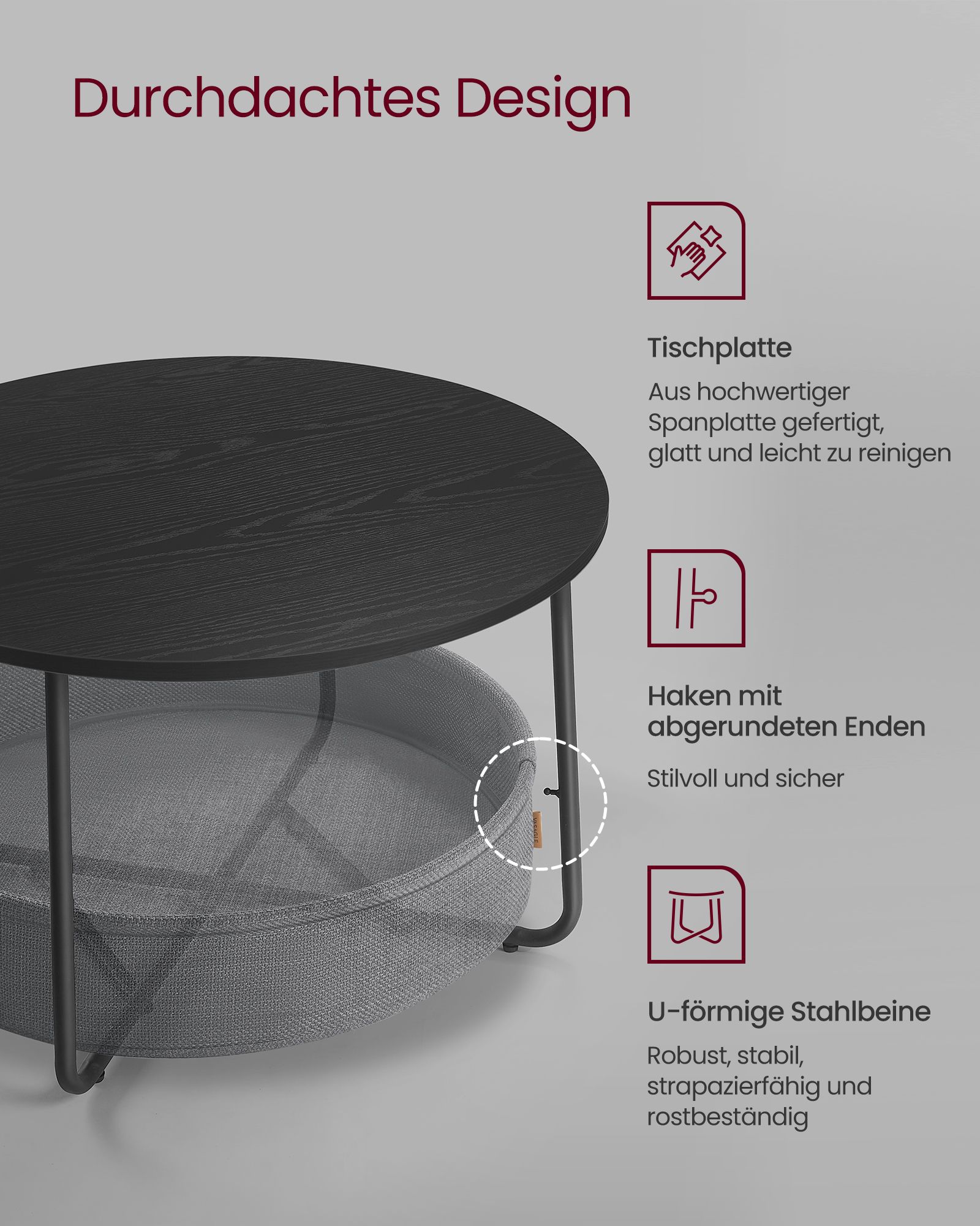 Sohvapöytä säilytystilalla, pyöreä keskipöytä olohuoneeseen, jossa on kangaskori, moderni tyyli, metallirunko, muste musta ja liuskekiviharmaa LCT244B56 - Image 3