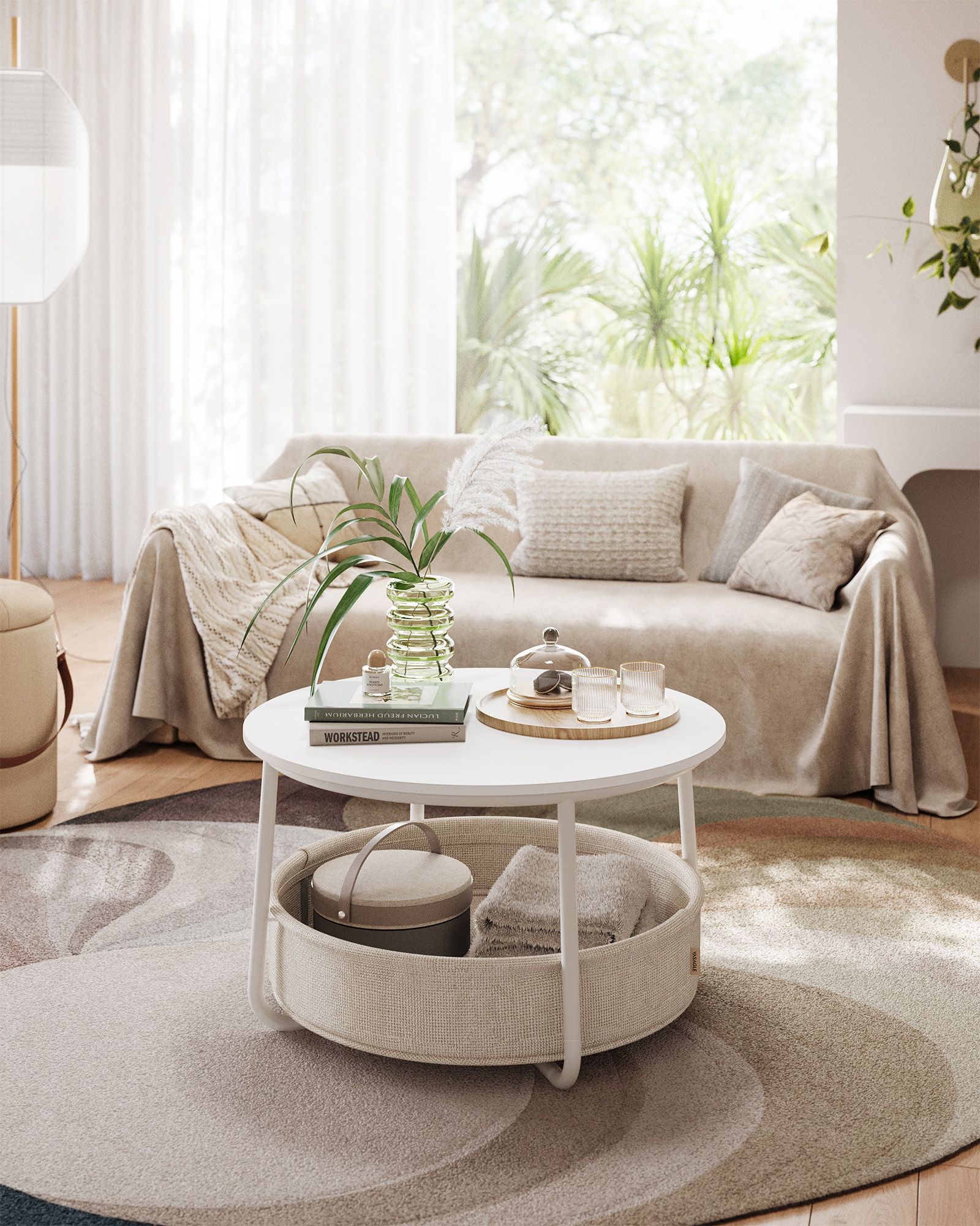 Coffee Table with Storage, Round Centre Table for Living Room with Fabric Basket, Modern Style, Metal Frame, Matte White and Camel Brown LCT244W10 - Image 2