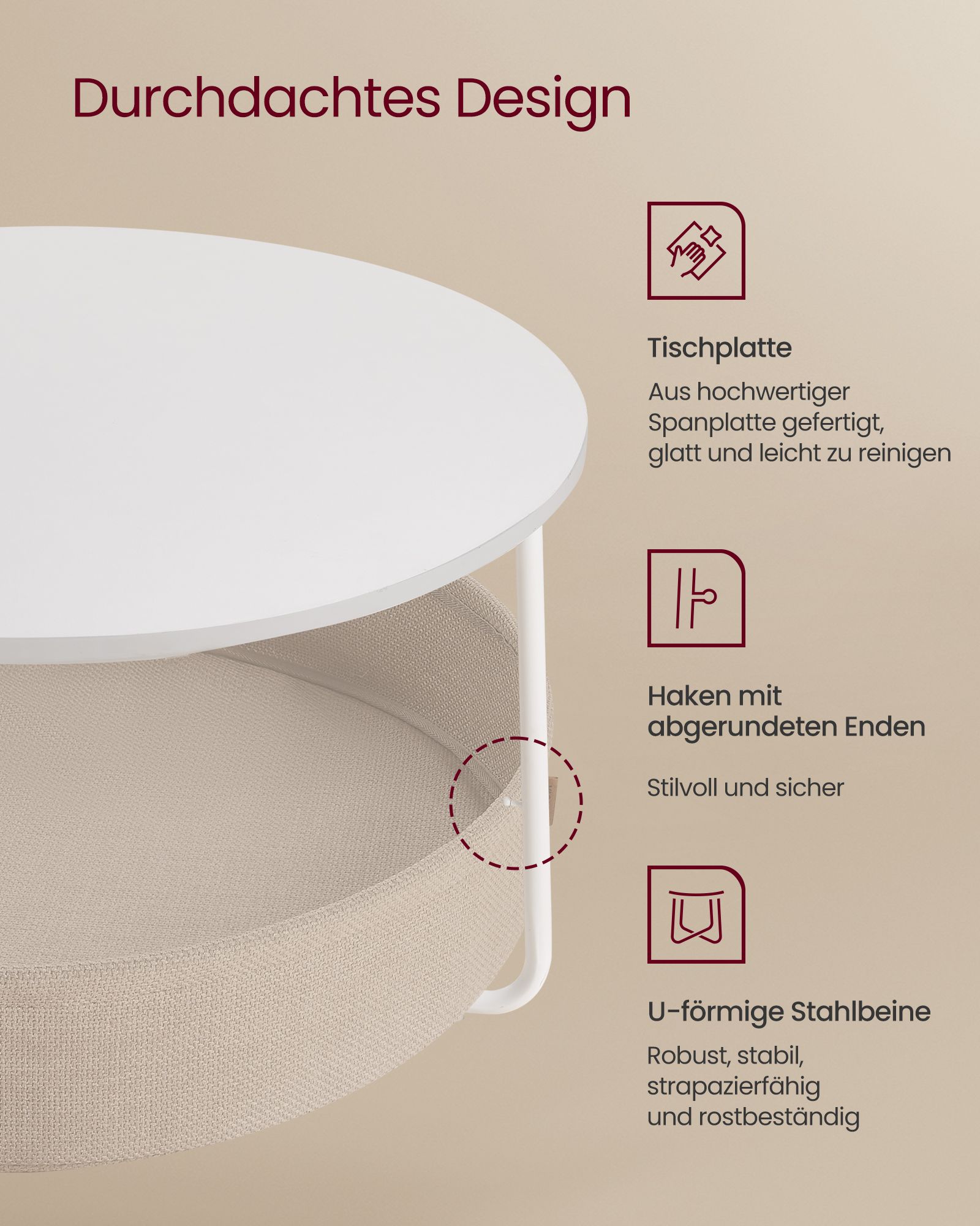 Coffee Table with Storage, Round Centre Table for Living Room with Fabric Basket, Modern Style, Metal Frame, Matte White and Camel Brown LCT244W10 - Image 3