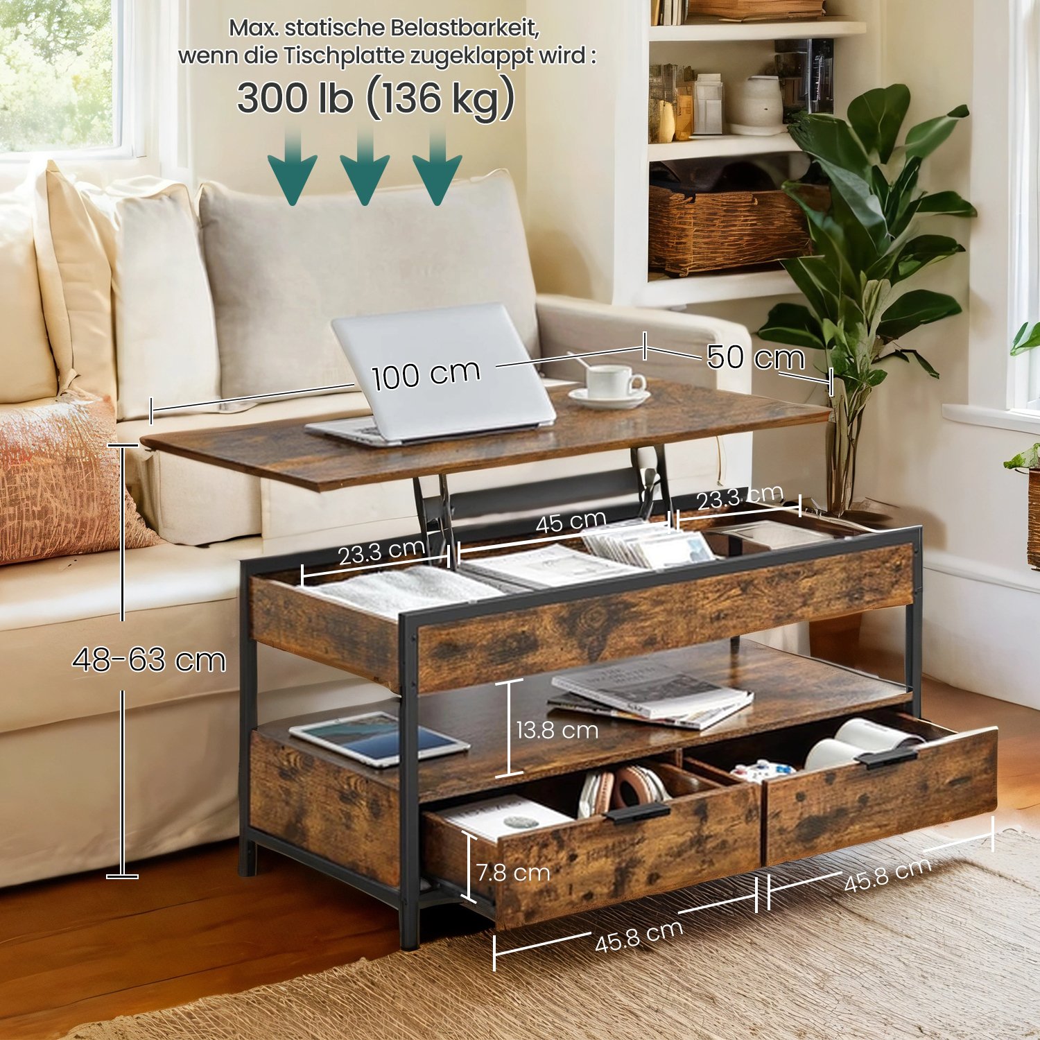 Coffee table, living room table, height-adjustable table top - Image 2
