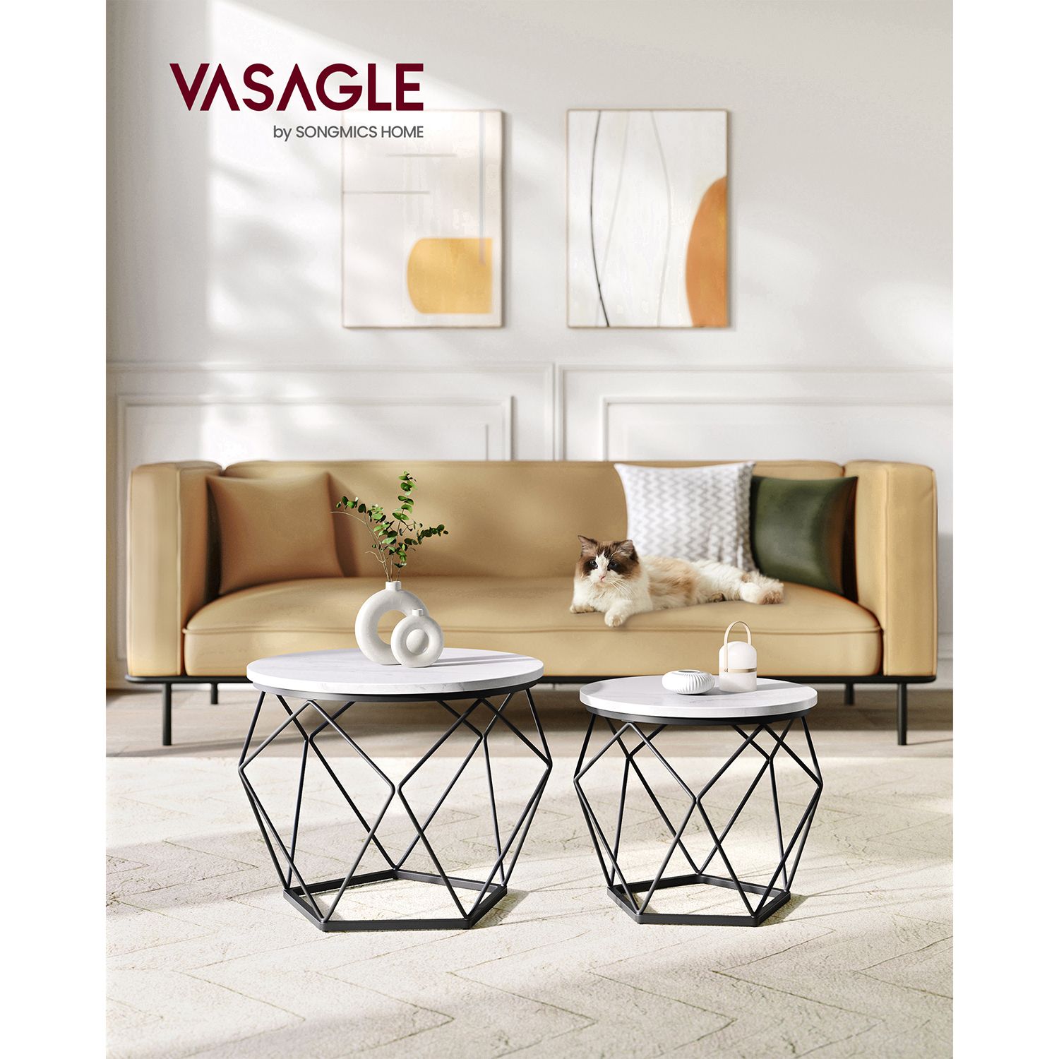 Runde salongbord, sett med 2 sidebord, moderne stil, avtakbar bordplate, stålramme, til stuen, hvit og svart LET040B59 - Bilde 2