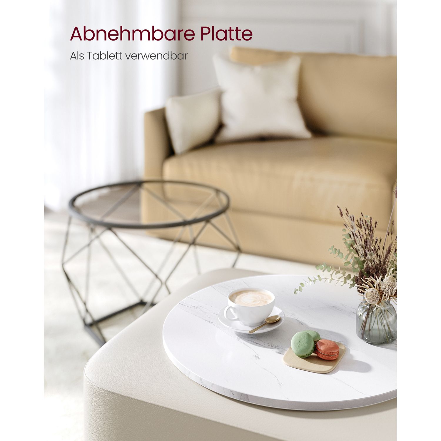 Runde salongbord, sett med 2 sidebord, moderne stil, avtakbar bordplate, stålramme, til stuen, hvit og svart LET040B59 - Bilde 5