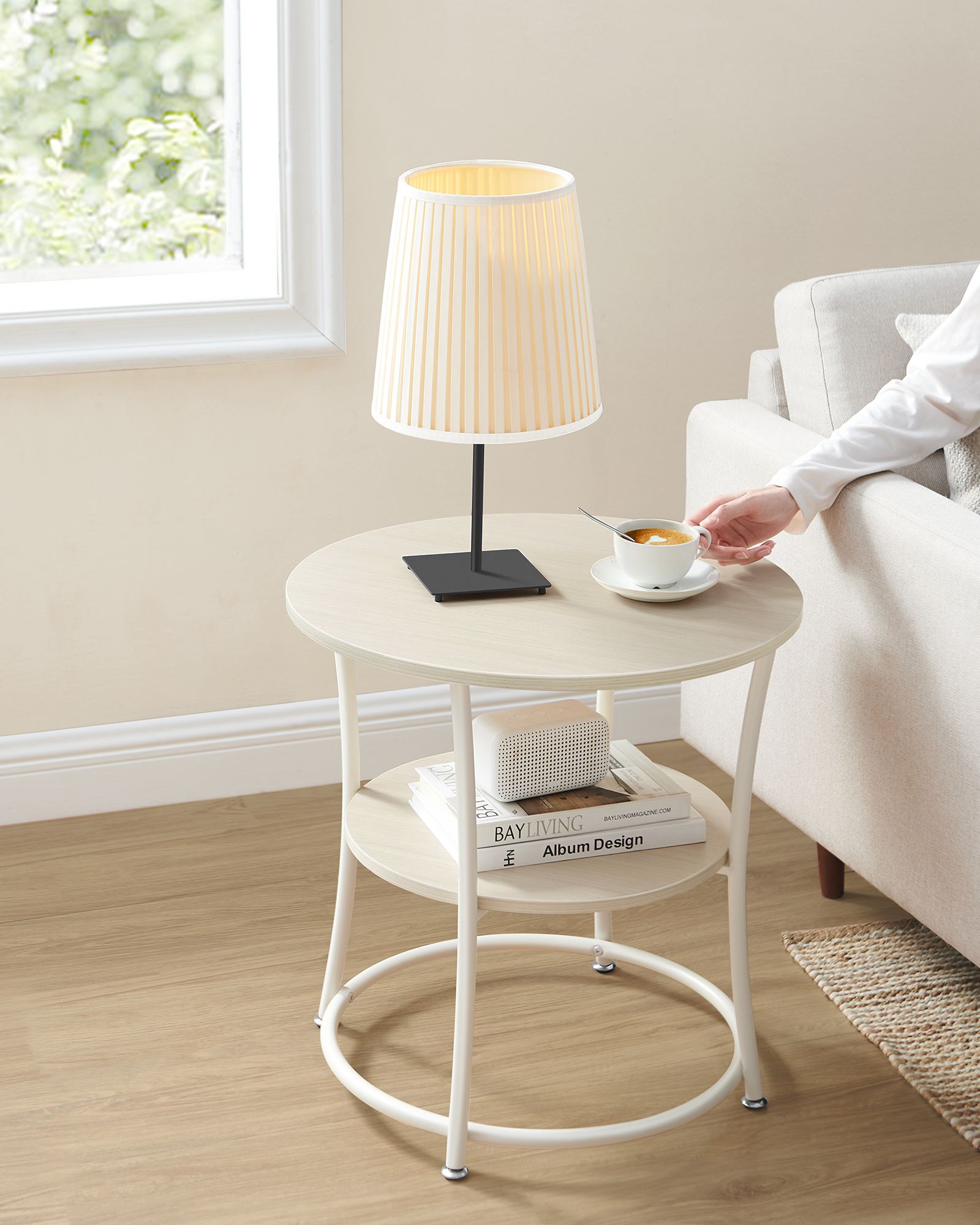 Side table with 2 shelves and natural beige steel frame - Image 2