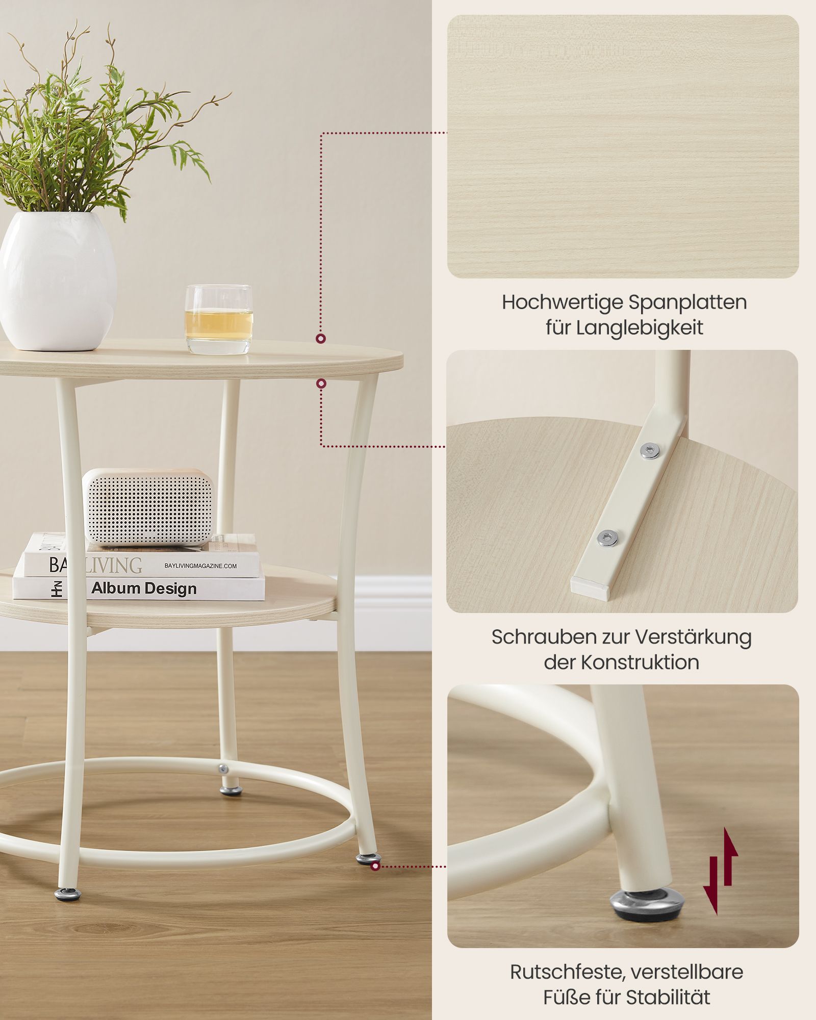 Side table with 2 shelves and natural beige steel frame - Image 4