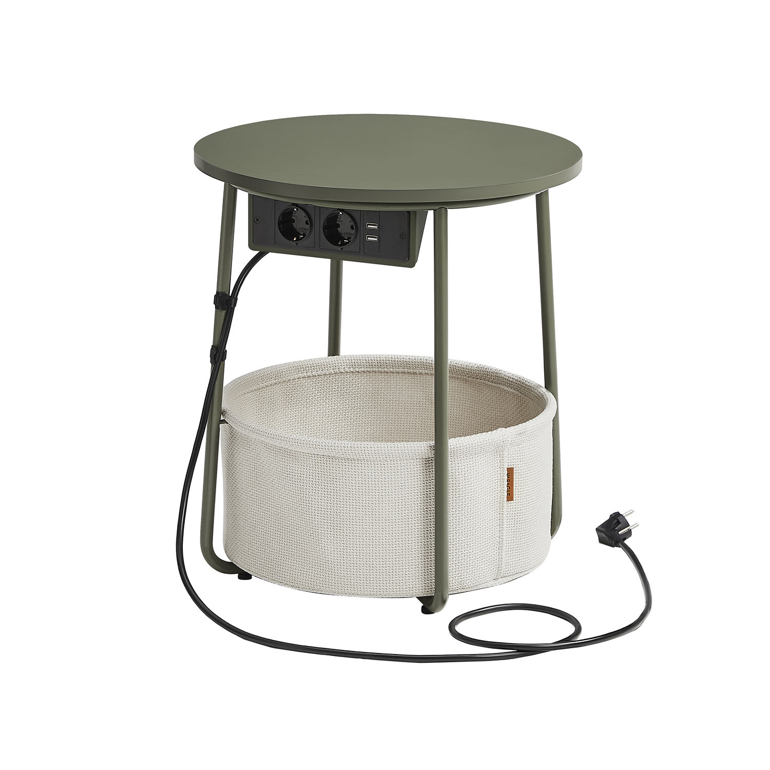 Side table round with charging station, small table with socket, coffee table, USB connections, fabric basket, living room bedroom, bedside table modern, forest green-cream white LET228C05