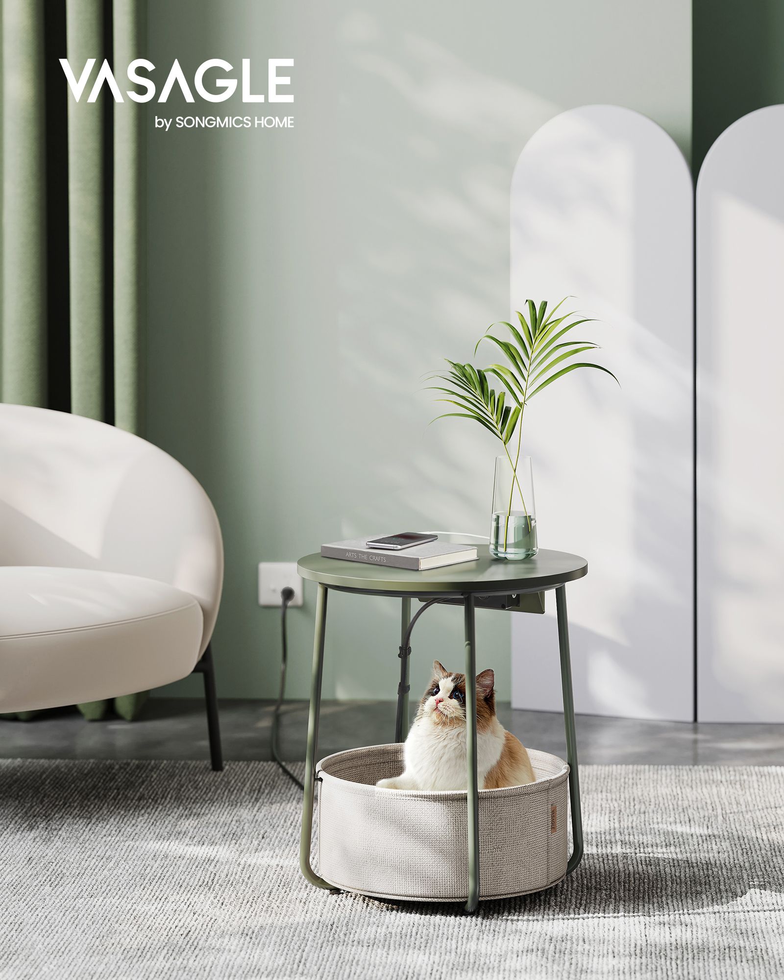 Side table round with charging station, small table with socket, coffee table, USB connections, fabric basket, living room bedroom, bedside table modern, forest green-cream white LET228C05 - Image 2