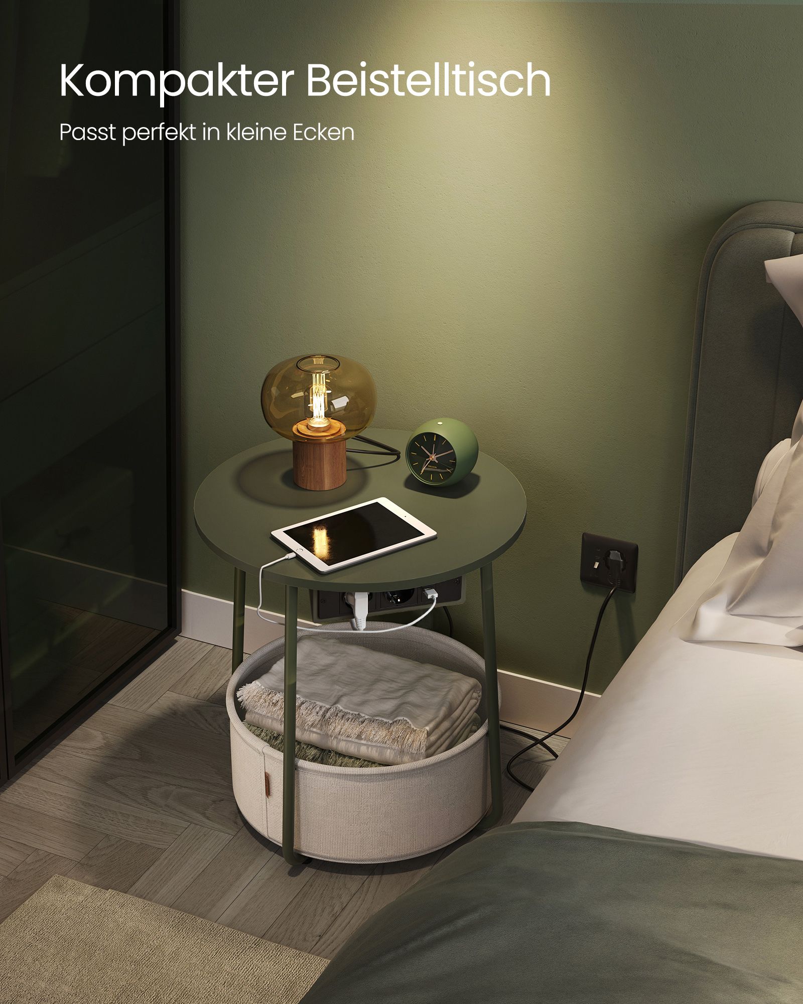 Side table round with charging station, small table with socket, coffee table, USB connections, fabric basket, living room bedroom, bedside table modern, forest green-cream white LET228C05 - Image 3