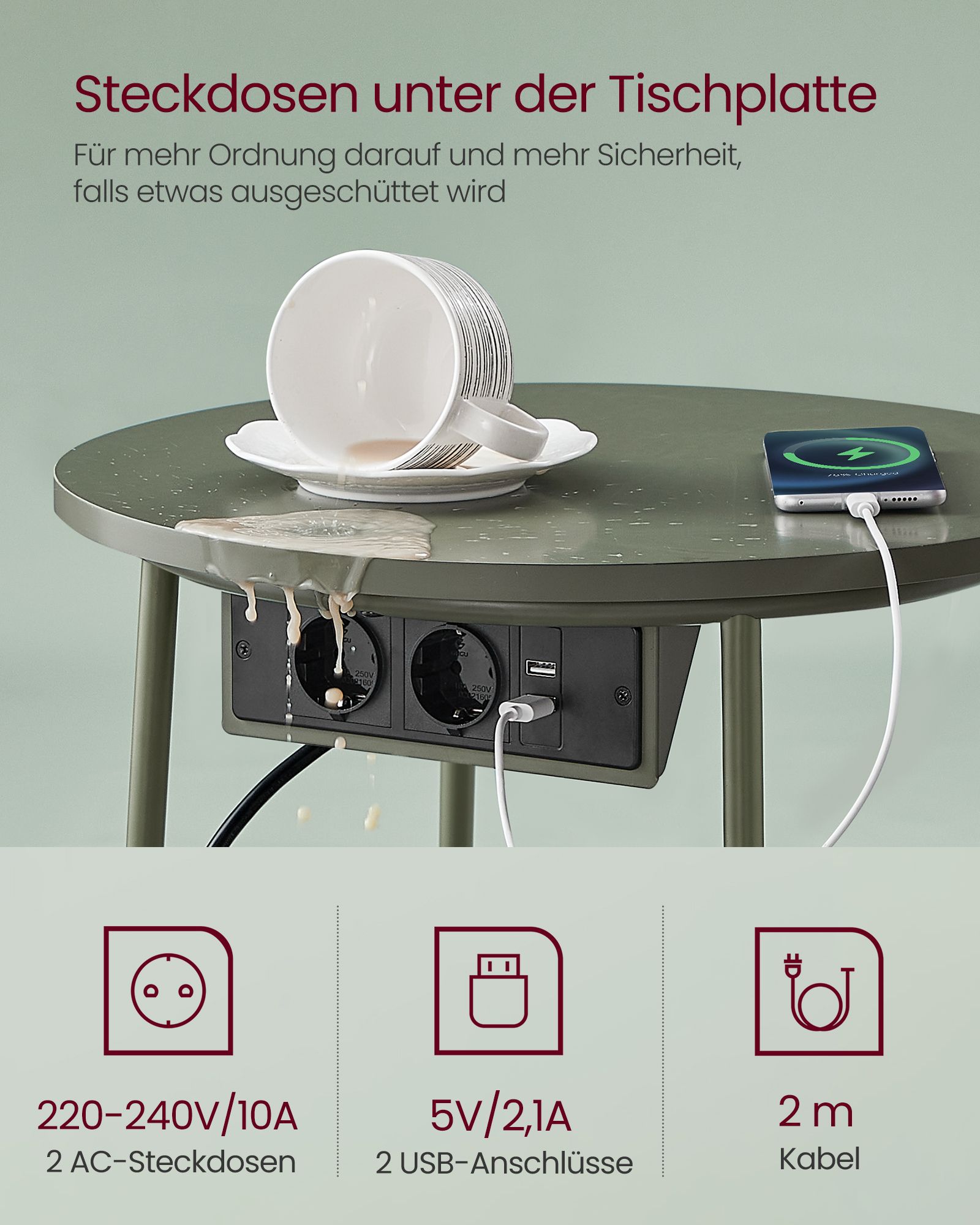 Side table round with charging station, small table with socket, coffee table, USB connections, fabric basket, living room bedroom, bedside table modern, forest green-cream white LET228C05 - Image 4