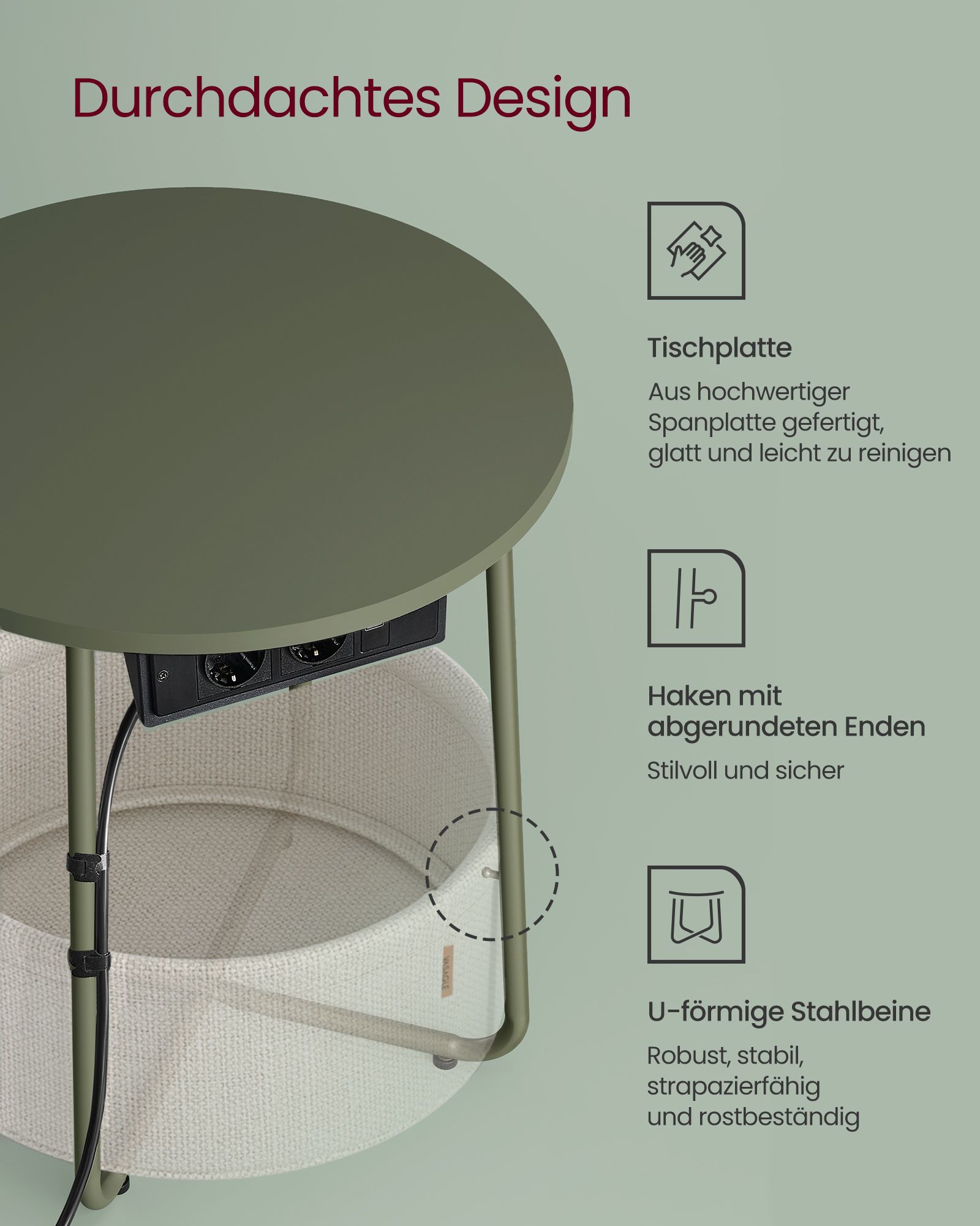 Side table round with charging station, small table with socket, coffee table, USB connections, fabric basket, living room bedroom, bedside table modern, forest green-cream white LET228C05 - Image 6