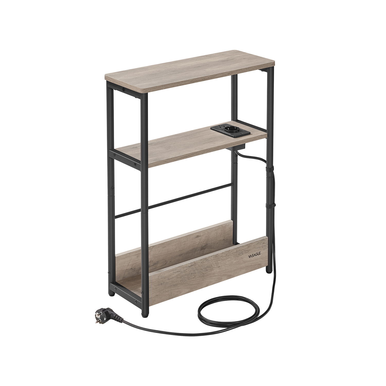 Slankt sidebord med strømuttak, 3-lags nattbord, sofagruppe, for små rom, magasinholder, stue, soverom, kontor, Heather Greige og Ink Black LET335K05