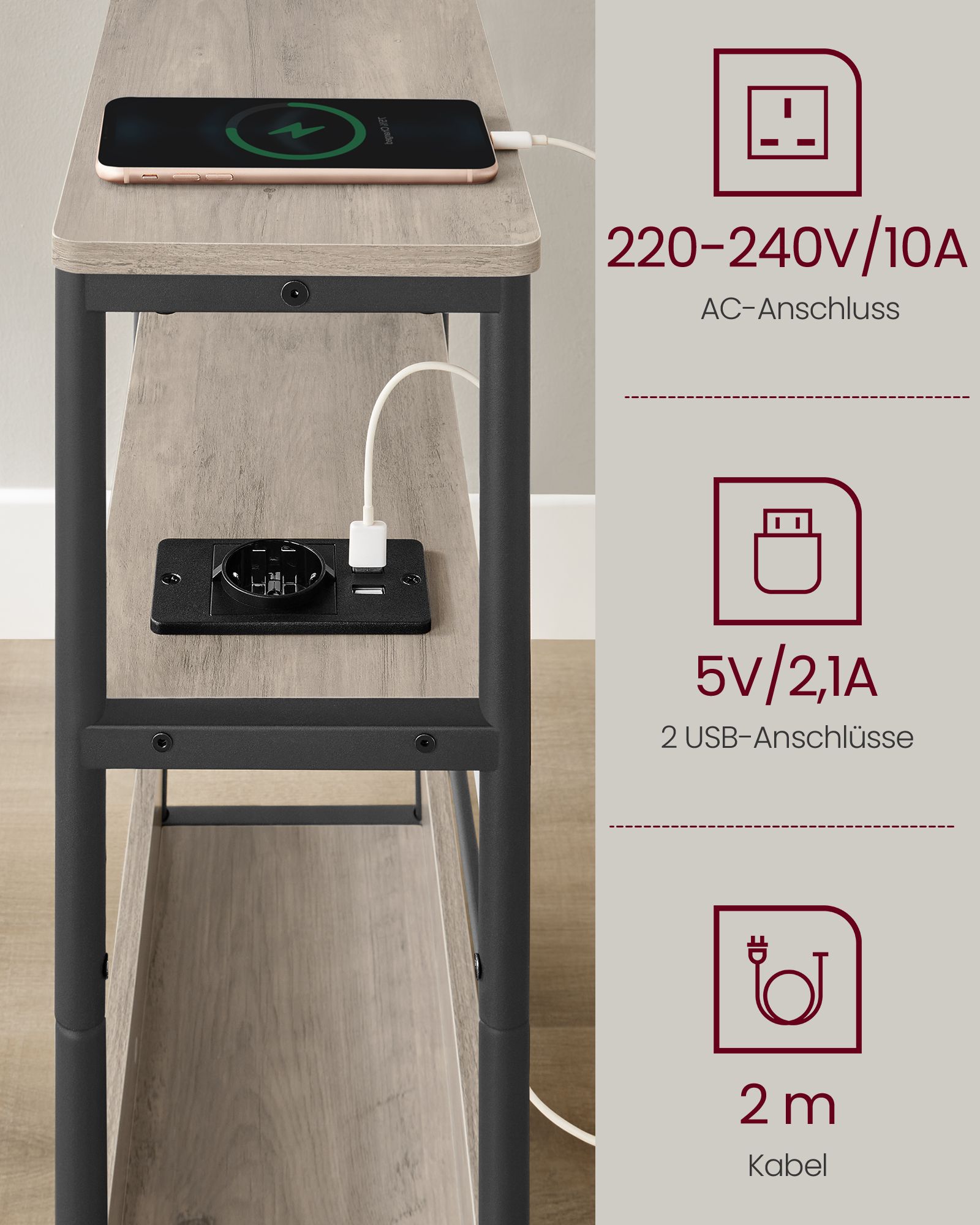 Slankt sidebord med strømuttak, 3-lags nattbord, sofagruppe, for små rom, magasinholder, stue, soverom, kontor, Heather Greige og Ink Black LET335K05 - Bilde 4