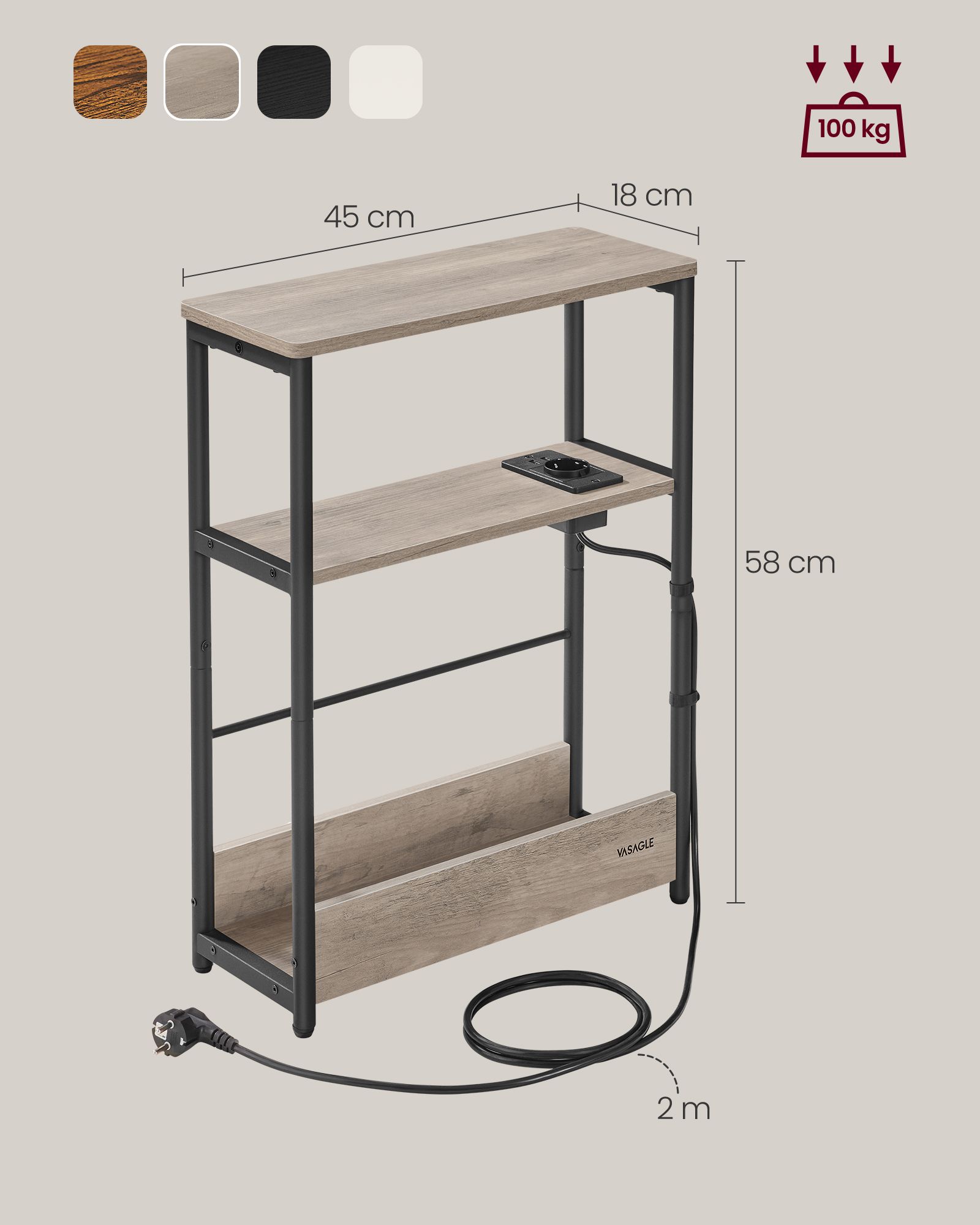 Slankt sidebord med strømuttak, 3-lags nattbord, sofagruppe, for små rom, magasinholder, stue, soverom, kontor, Heather Greige og Ink Black LET335K05 - Bilde 6