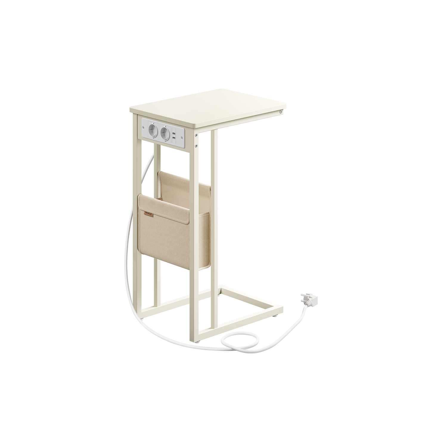 C-shaped side table with 2 AC sockets cream white