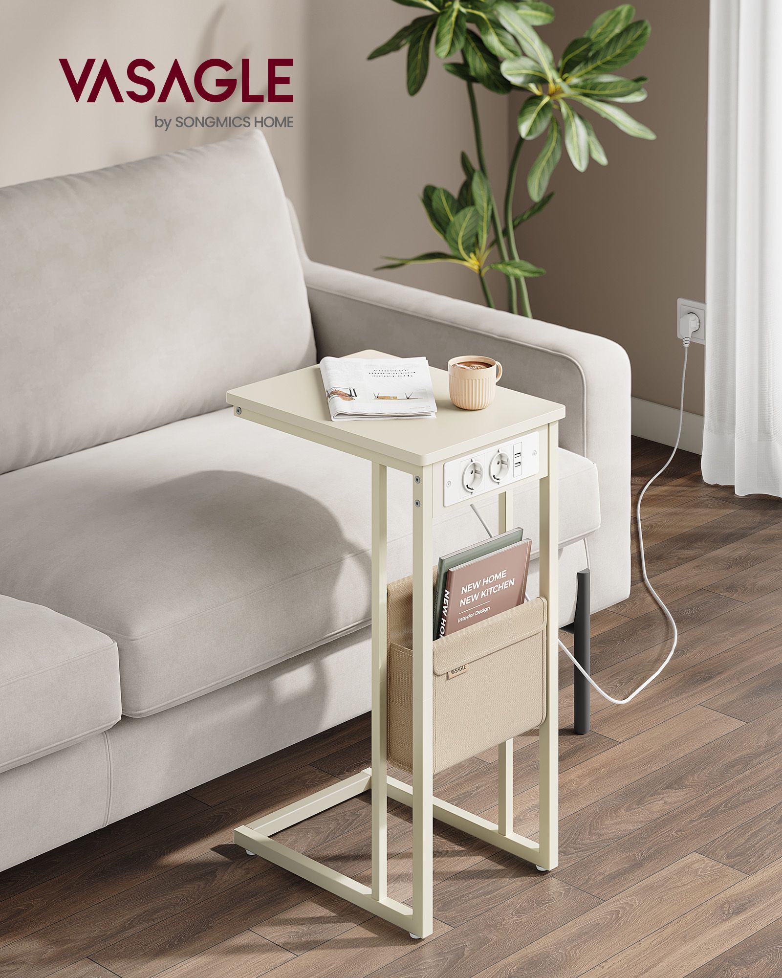C-shaped side table with 2 AC sockets cream white - Image 2