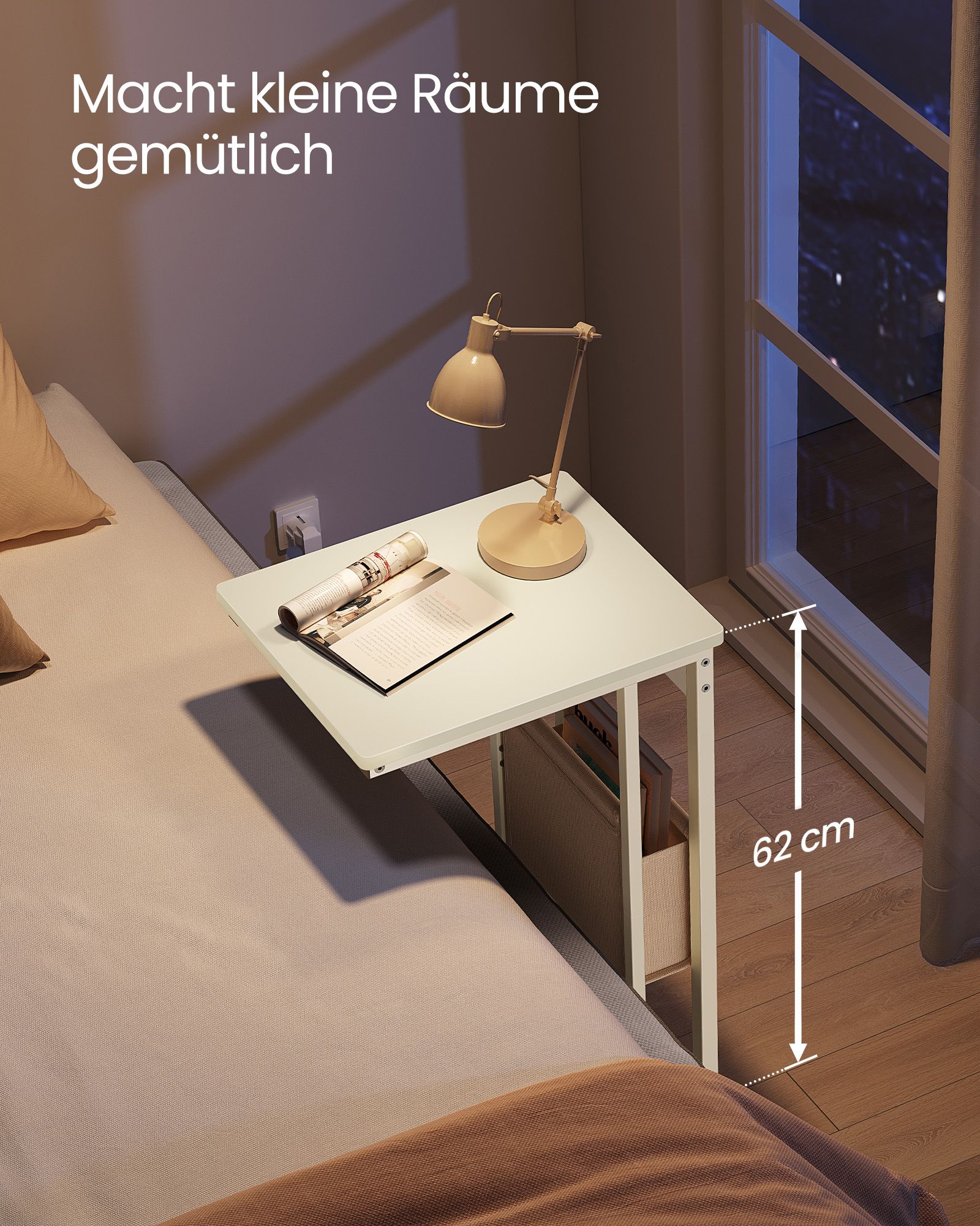 C-shaped side table with 2 AC sockets cream white - Image 3
