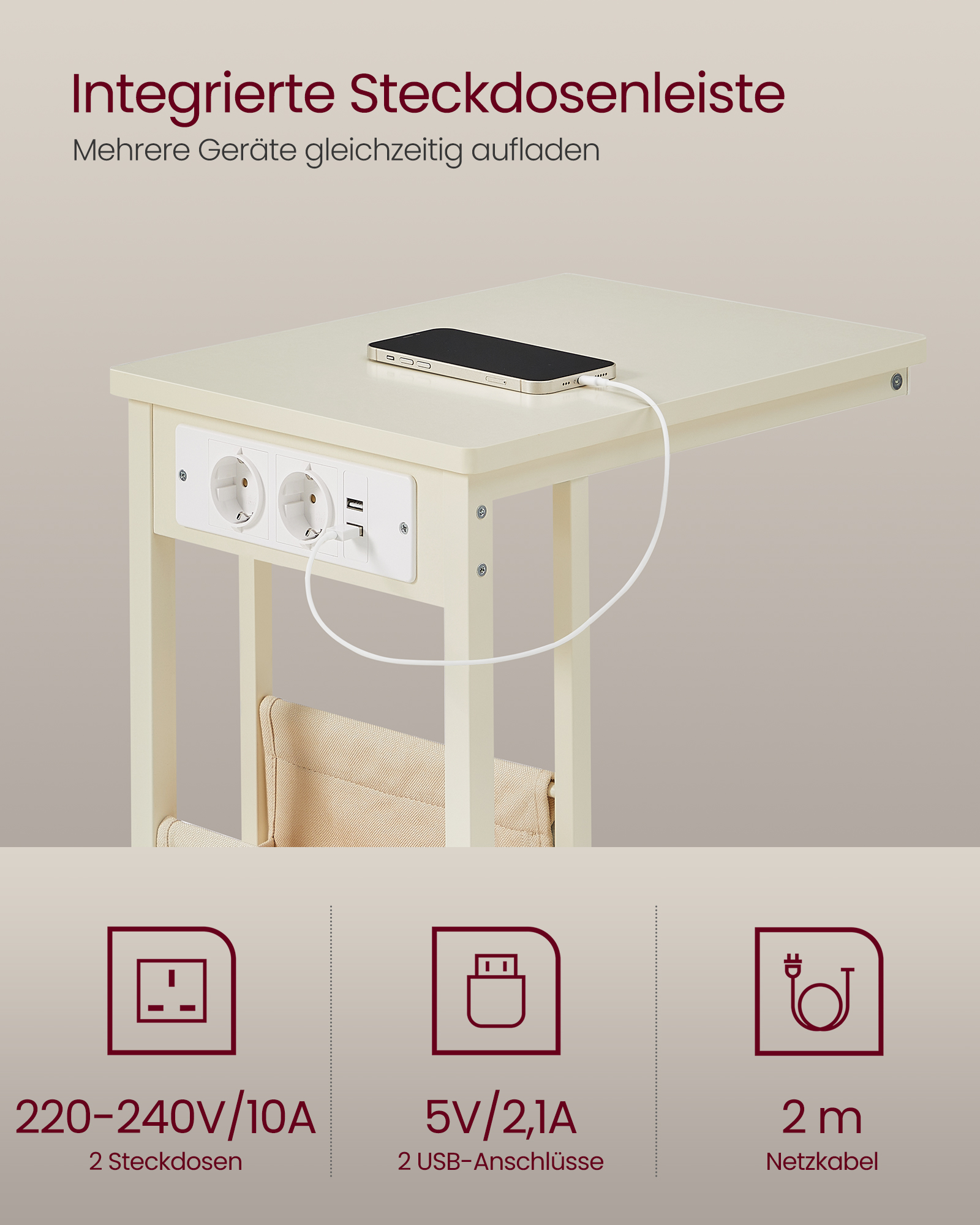 C-shaped side table with 2 AC sockets cream white - Image 4