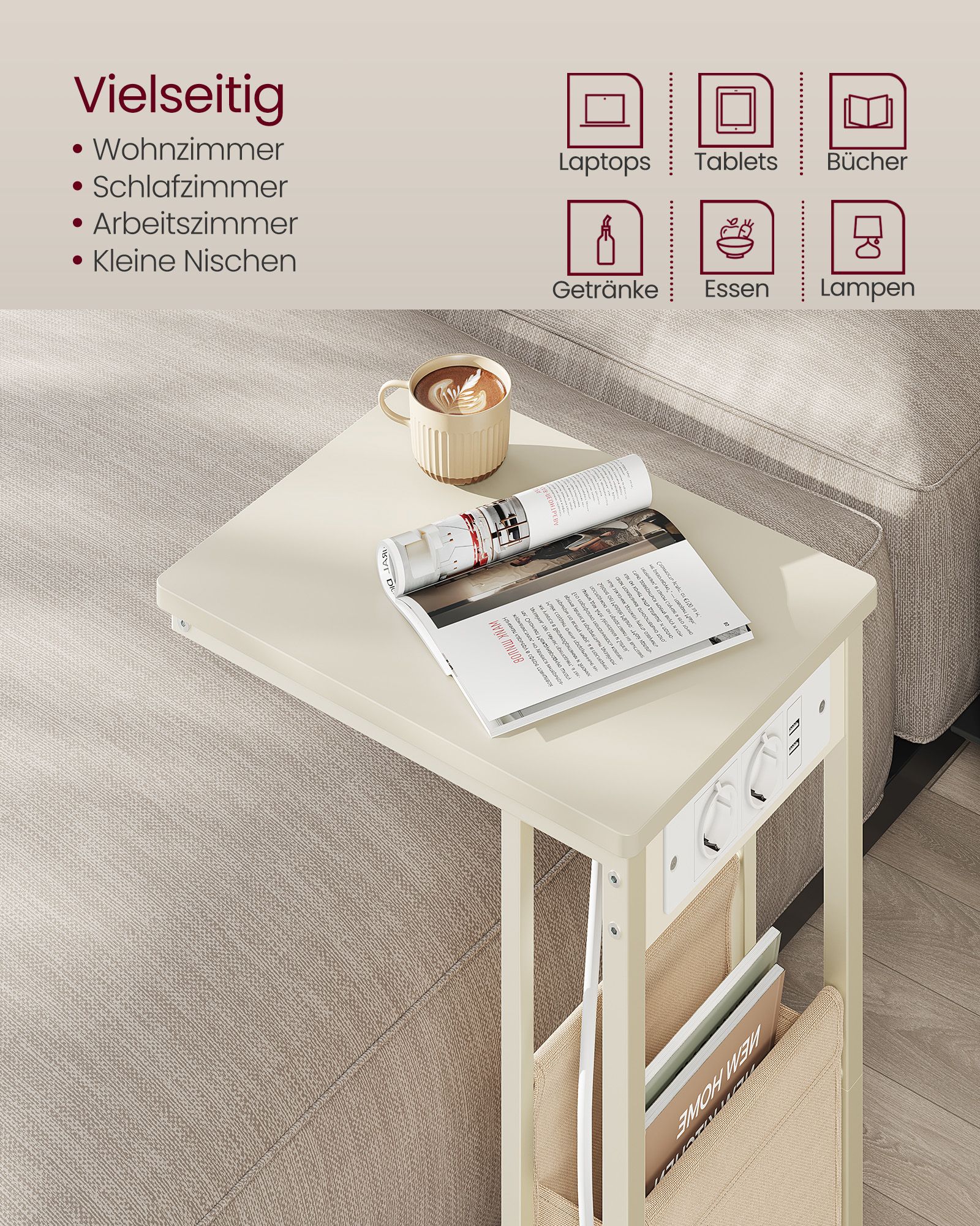C-shaped side table with 2 AC sockets cream white - Image 5