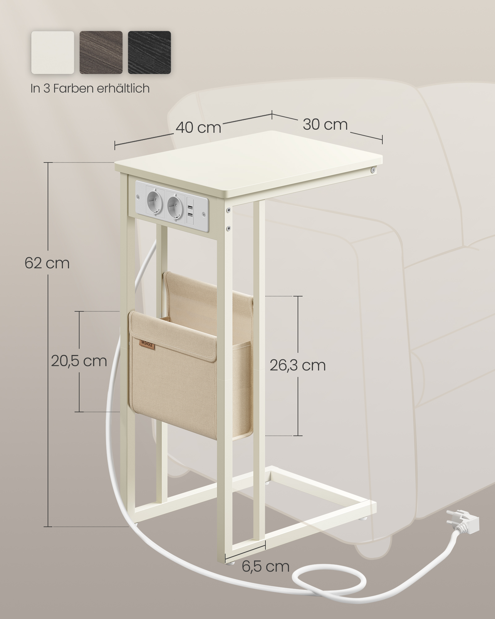 C-shaped side table with 2 AC sockets cream white - Image 6