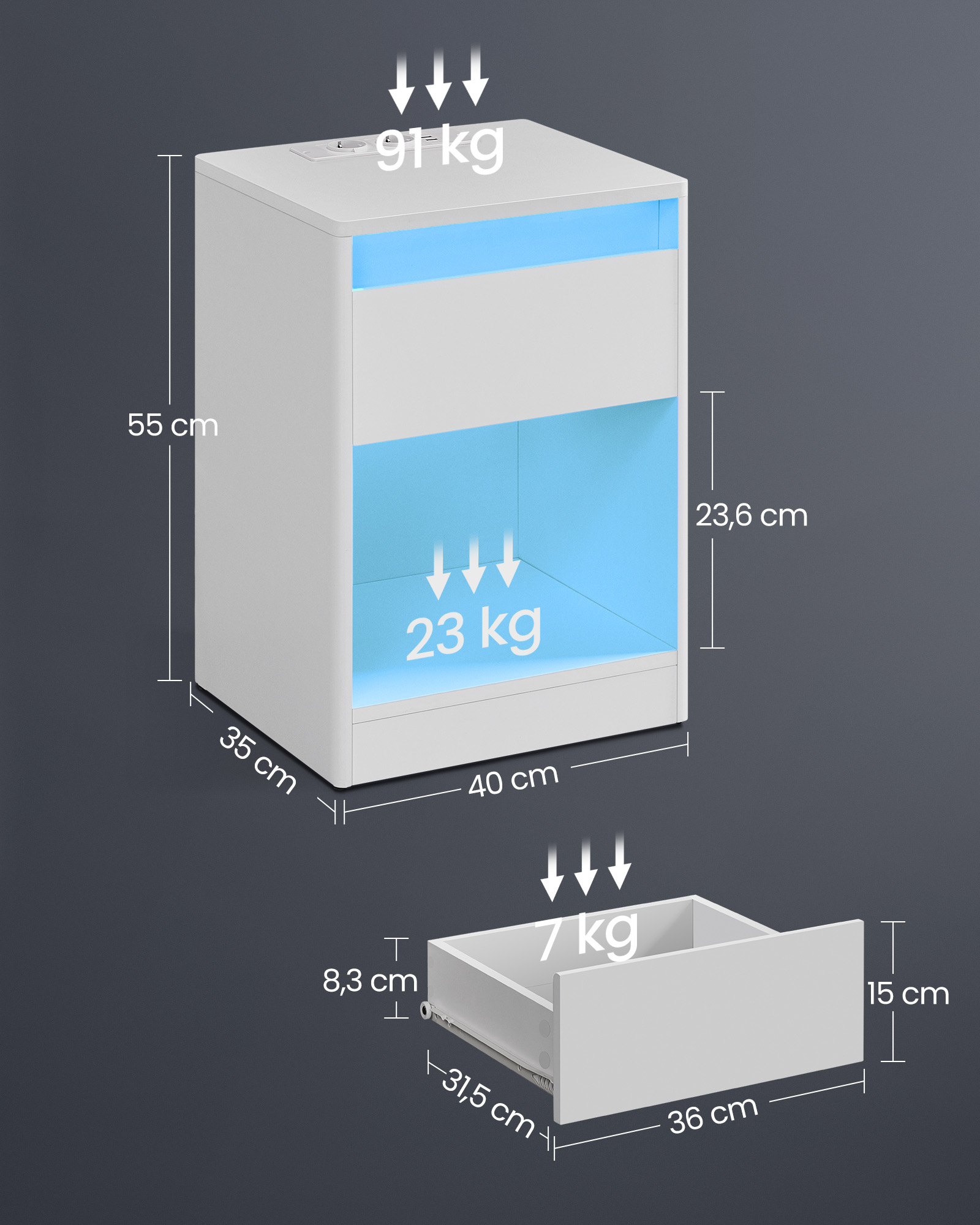 Bedside cabinet with LED lighting modern cloud white - Image 6