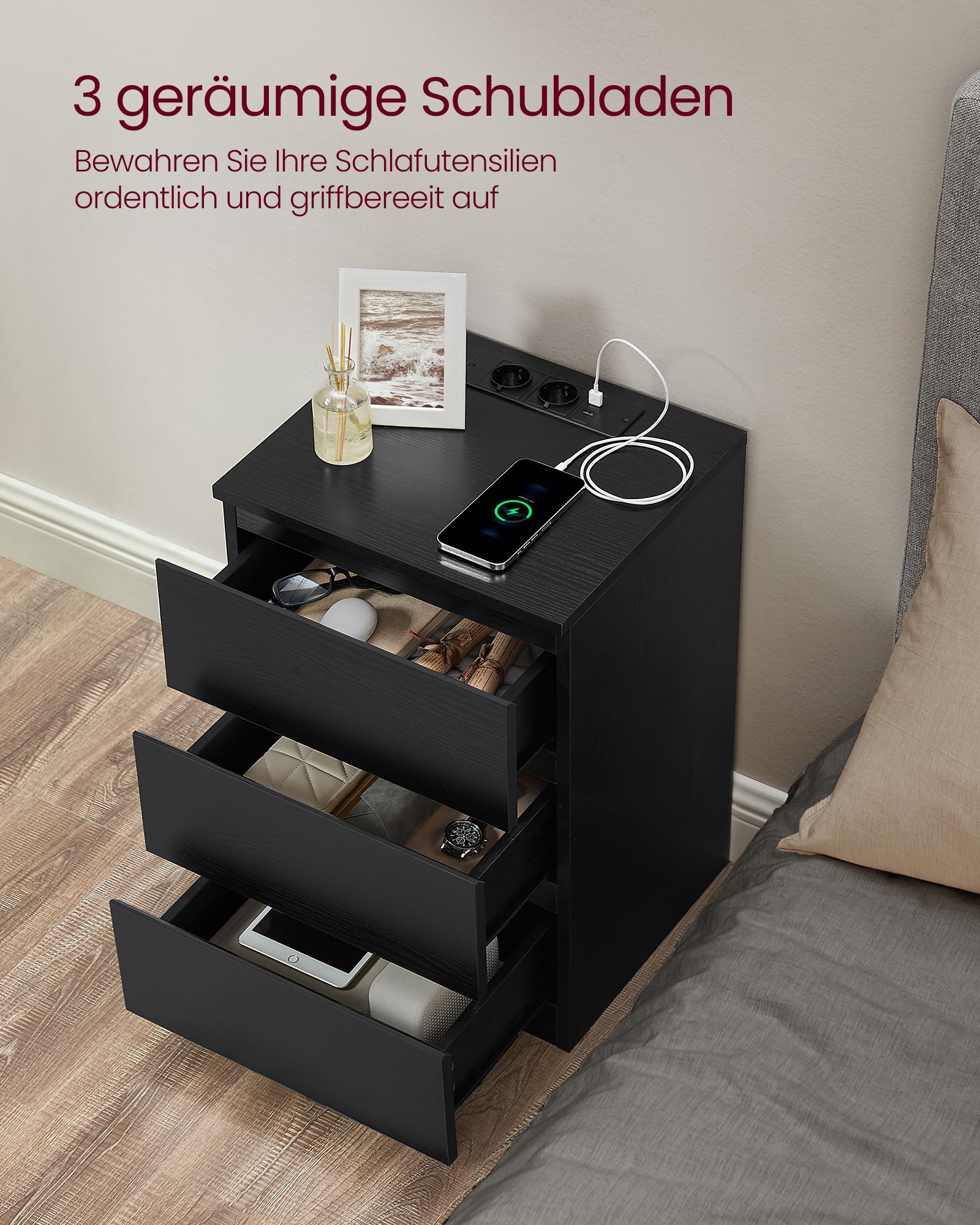 Side table 3 drawers modern ebony black - Image 4