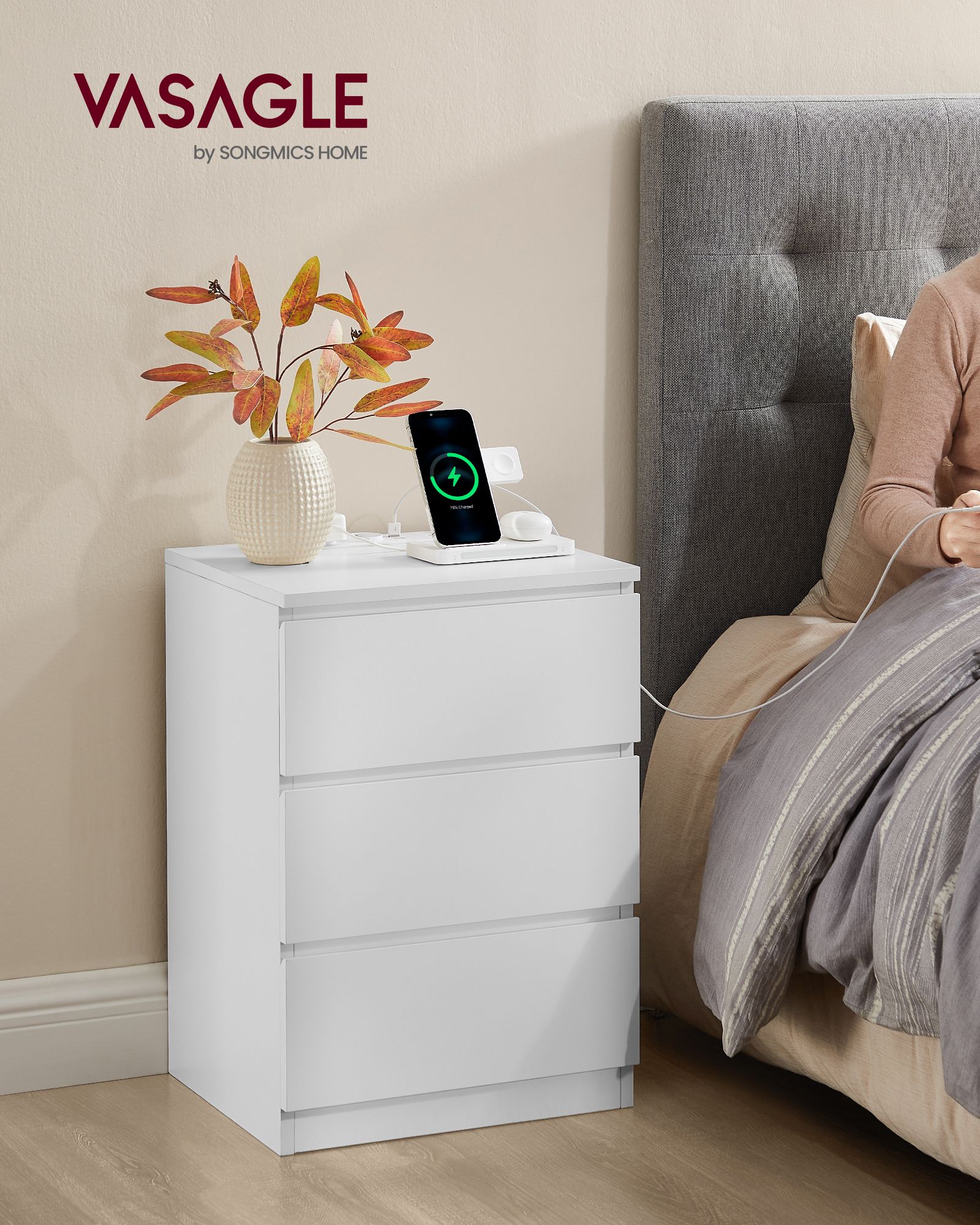 Side table 2 AC sockets bedroom cloud white - Image 2