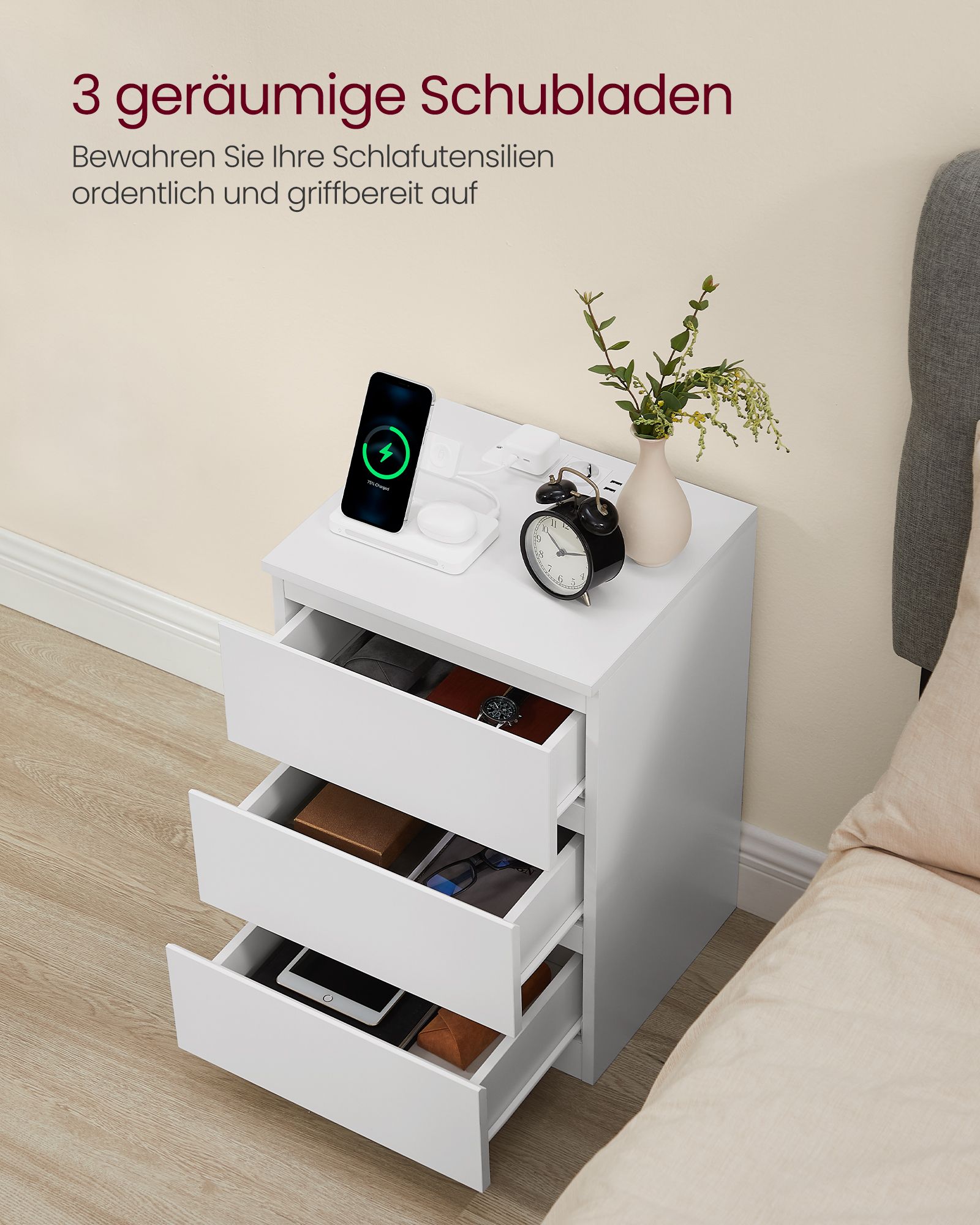 Side table 2 AC sockets bedroom cloud white - Image 4