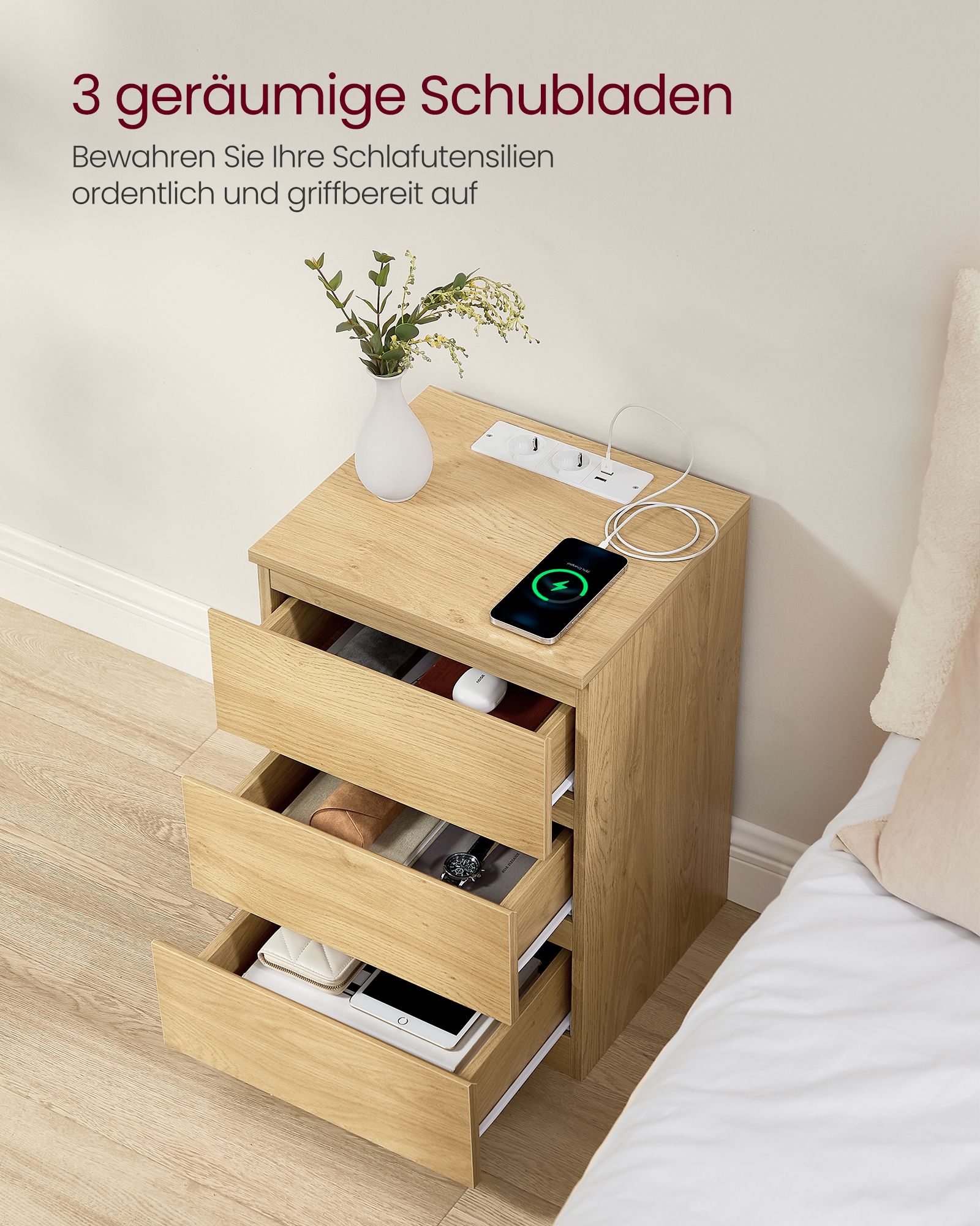 Sengebord moderne med 3 skuffer strågul - Billede 4