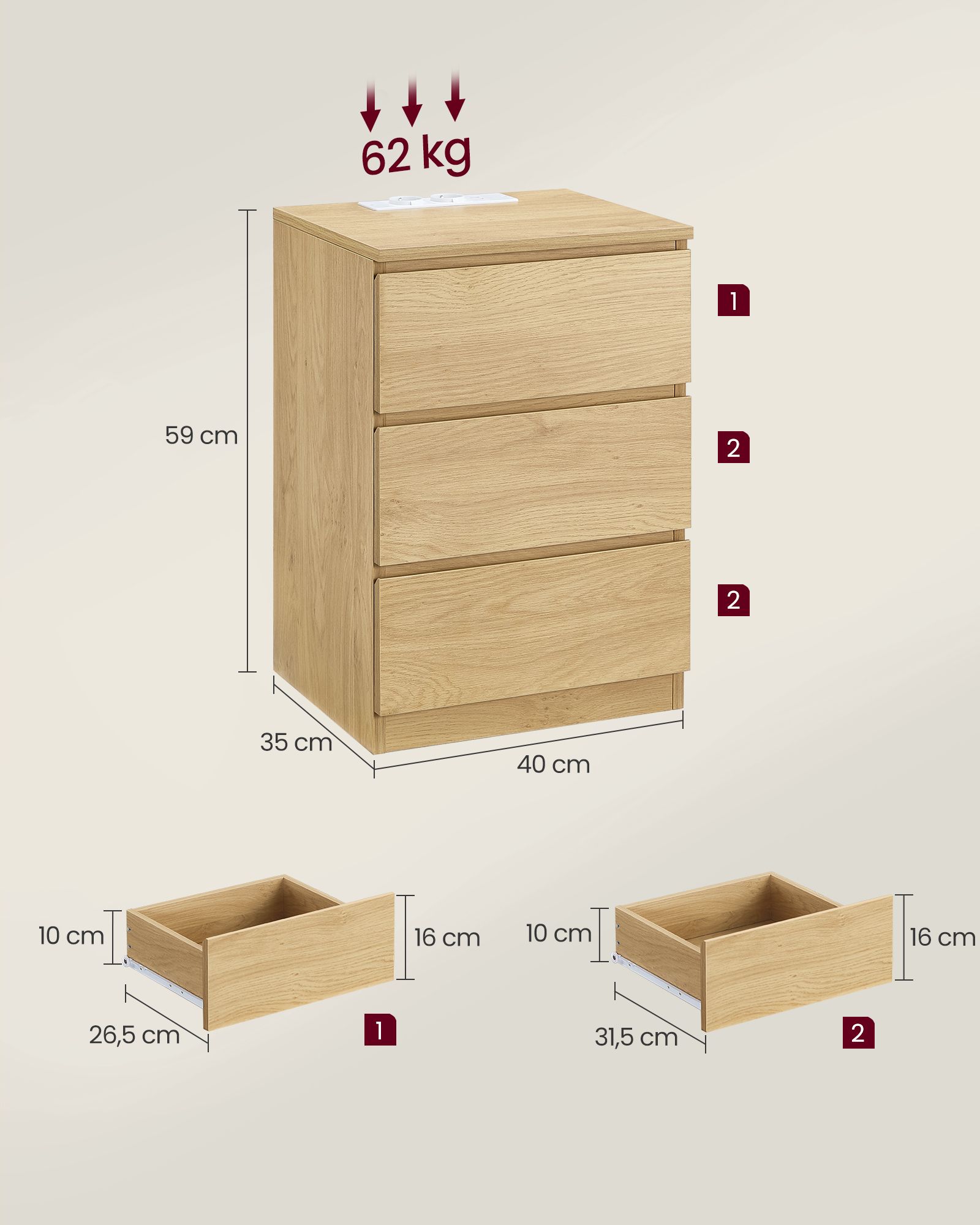 Sengebord moderne med 3 skuffer strågul - Billede 6